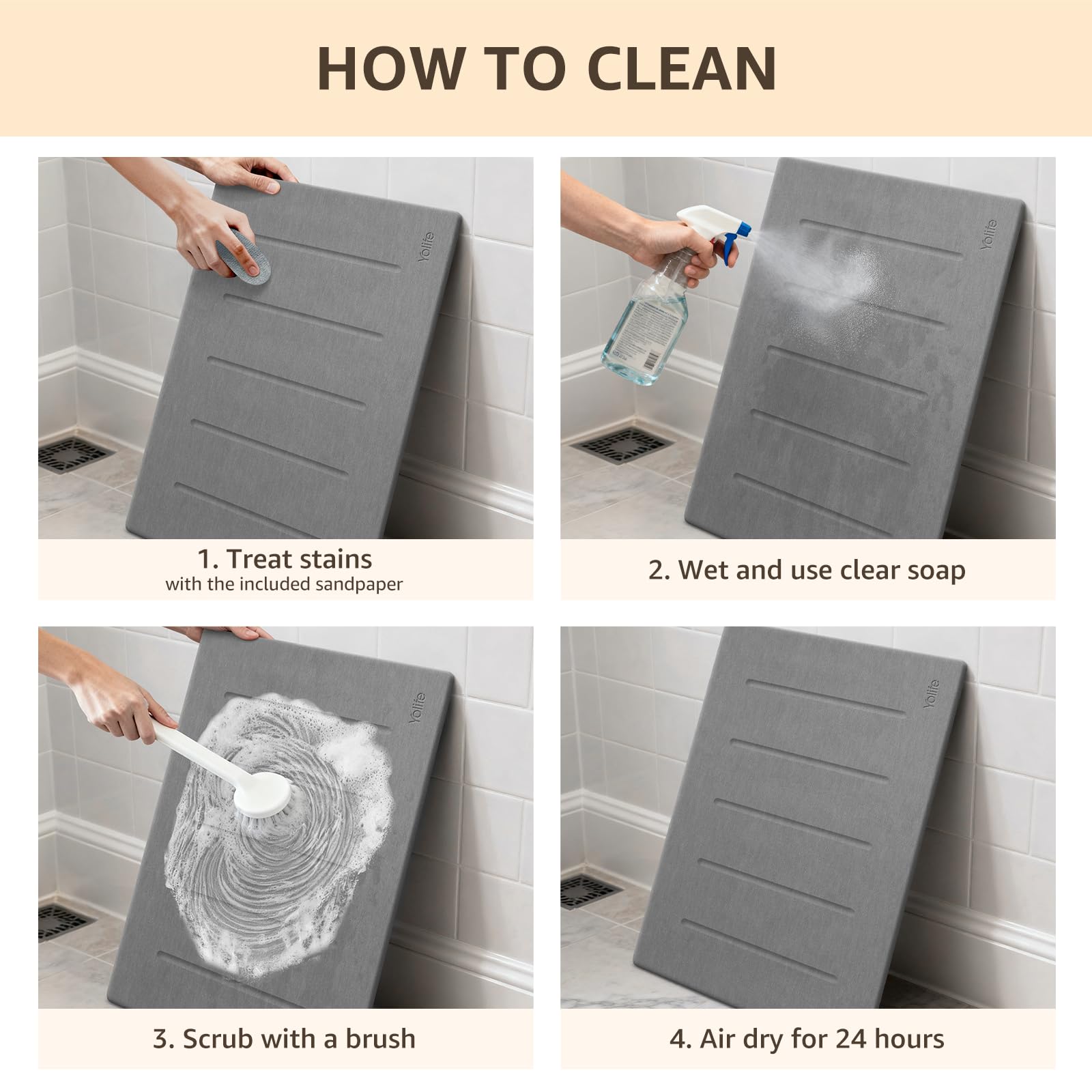 Yolife Stone Bath Mat 32x20 large-size coverage helps center feet after showers.