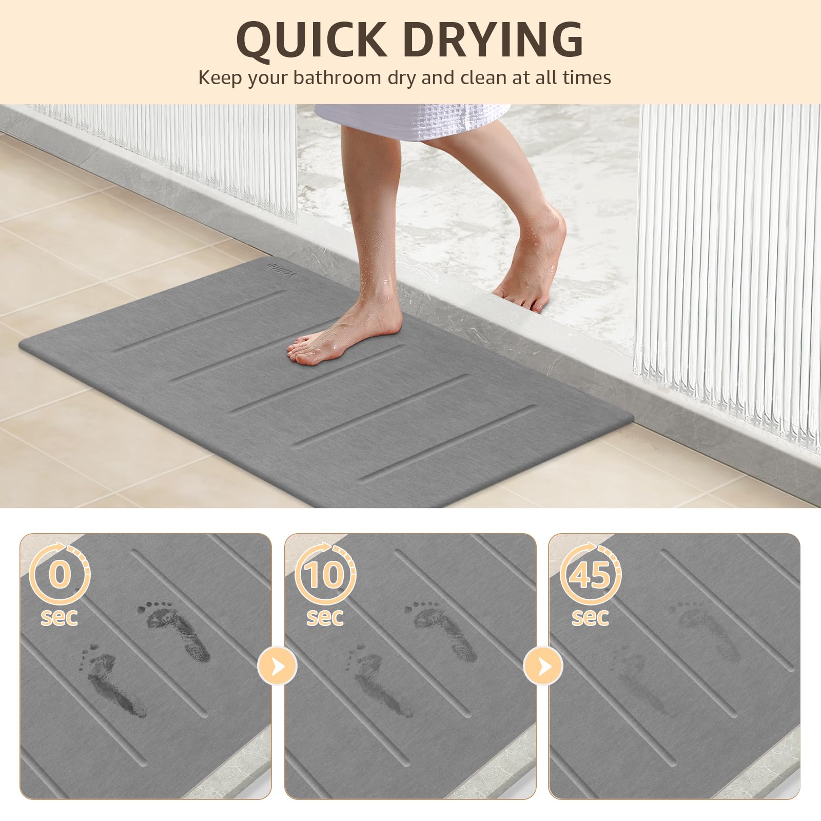 Yolife Stone Bath Mat 32x20 non-slip texture shows secure footing in wet bathrooms.
