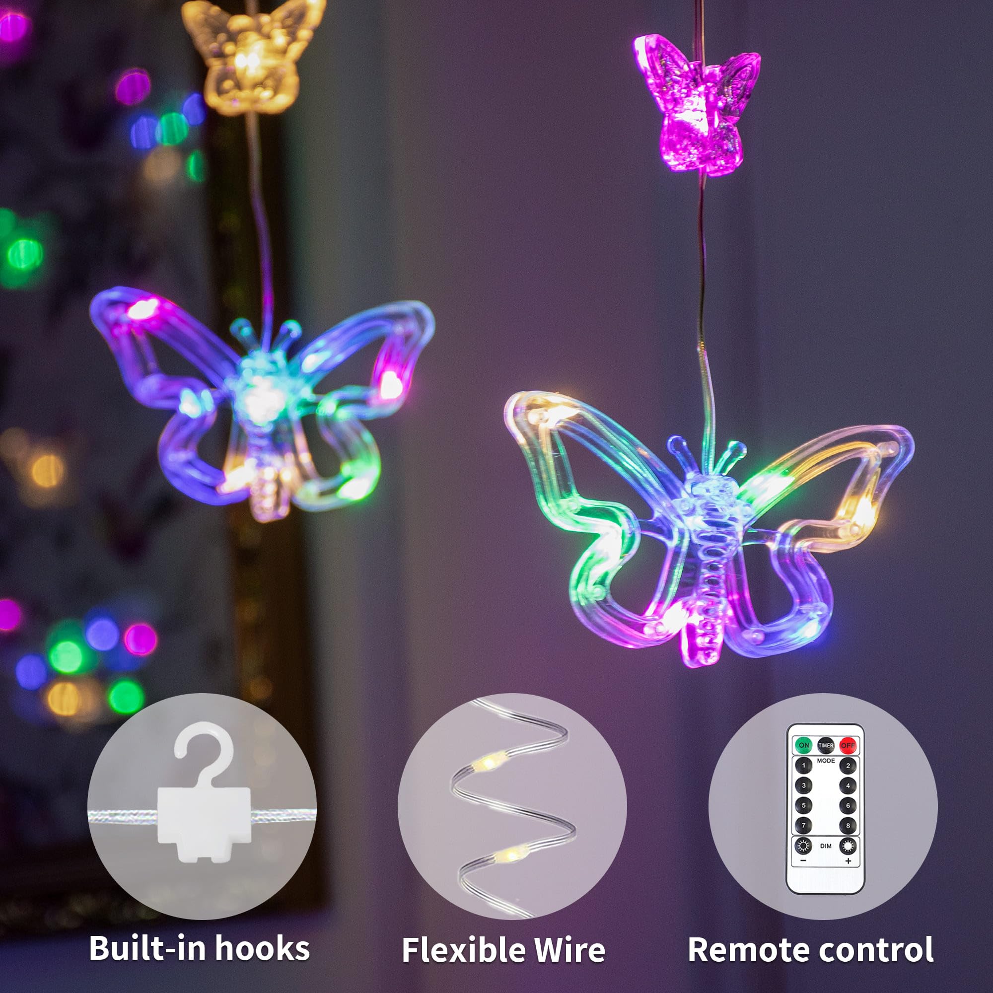 YOLIGHT 9-8ft butterfly LED curtain showcases flexible installation near windows.