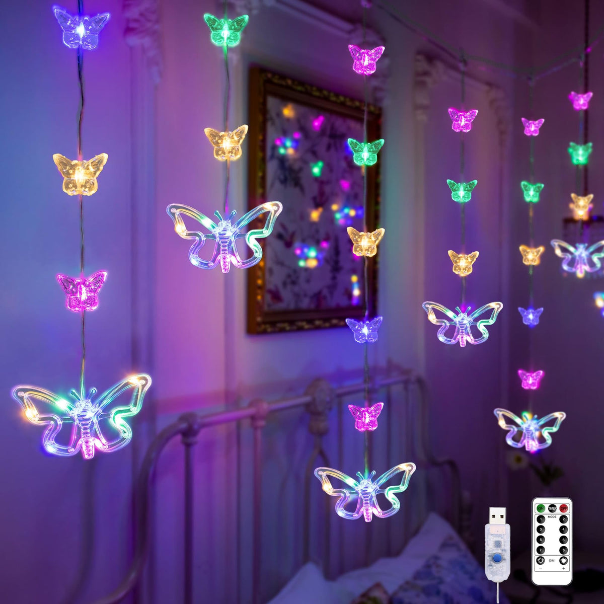 YOLIGHT butterfly curtain lights illuminate a kid's canopy with soft multicolor glow.