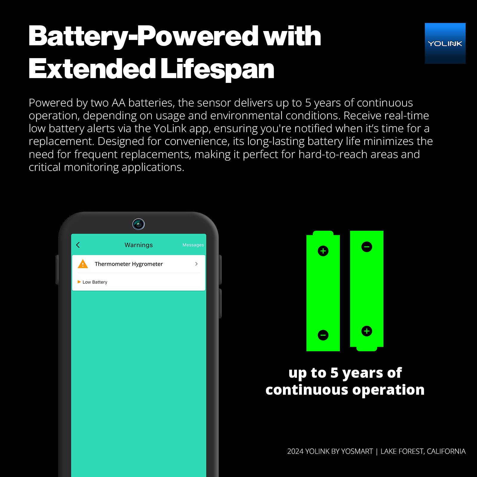 YoLink device with 5-year battery life minimizes maintenance