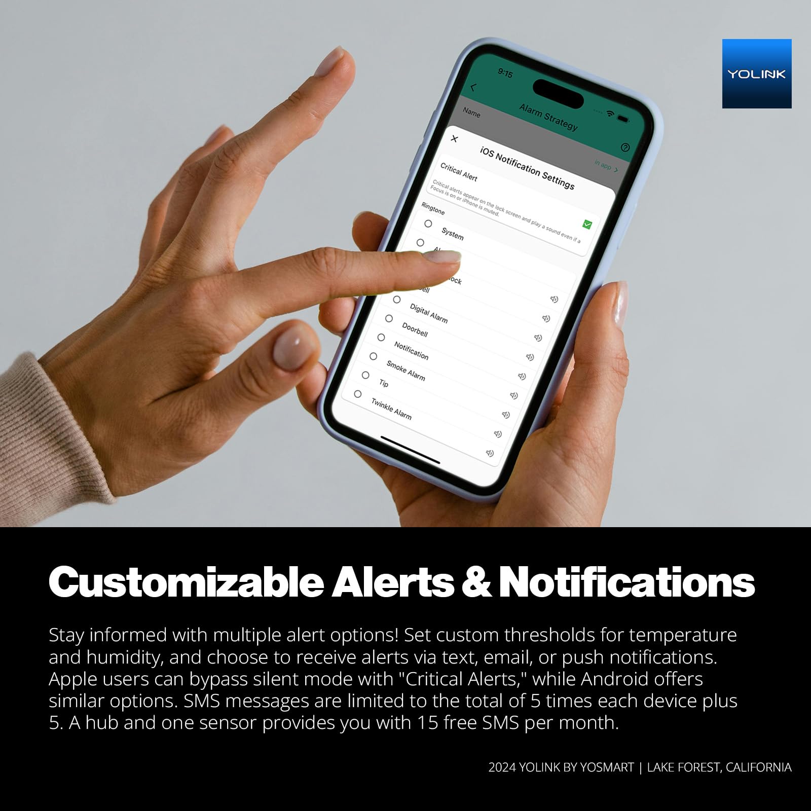 YoLink app-alerts-interface displaying configurable thresholds and notifications