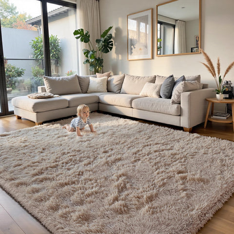 Yongyangjuxin fluffy rug shag beige 8x10 pile close-up showing ultra-soft underfoot