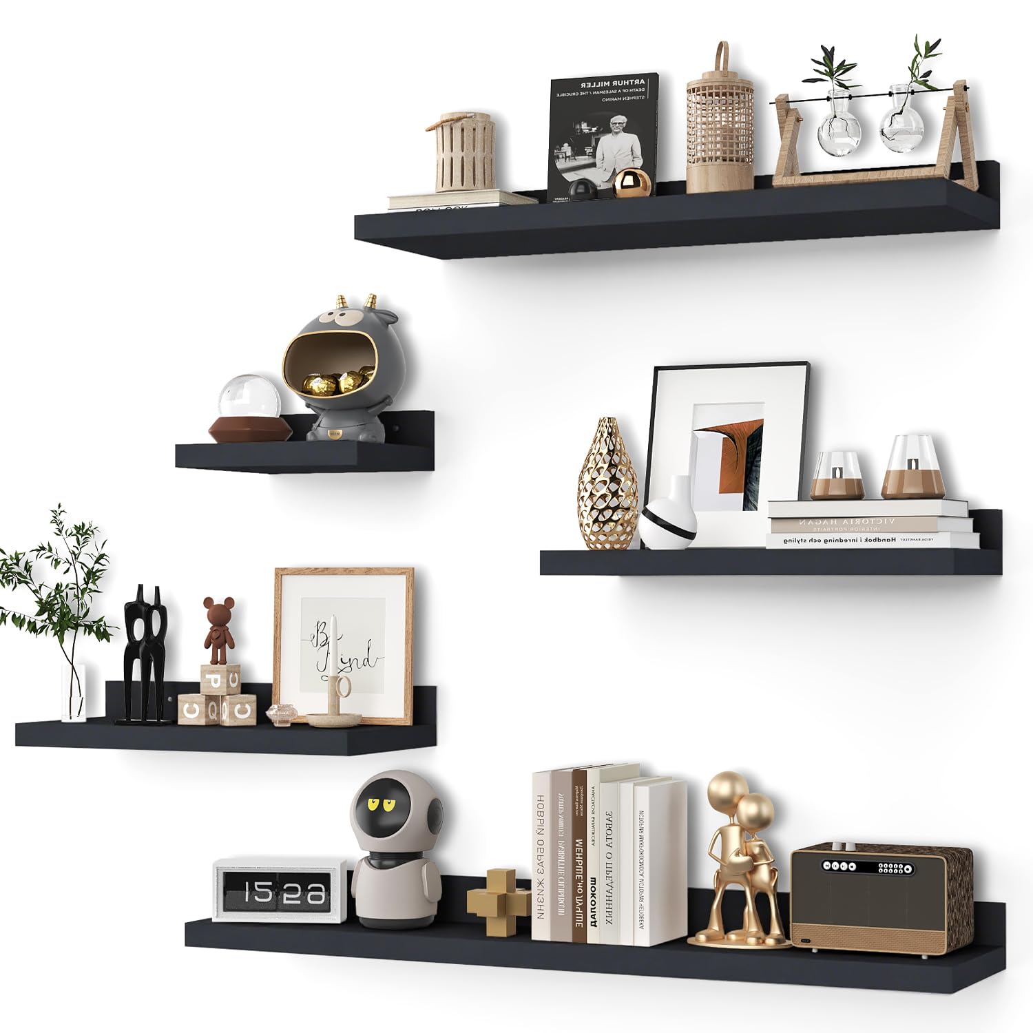 Yonscess floating shelves set of 5 in black with 30-inch front view for bold display