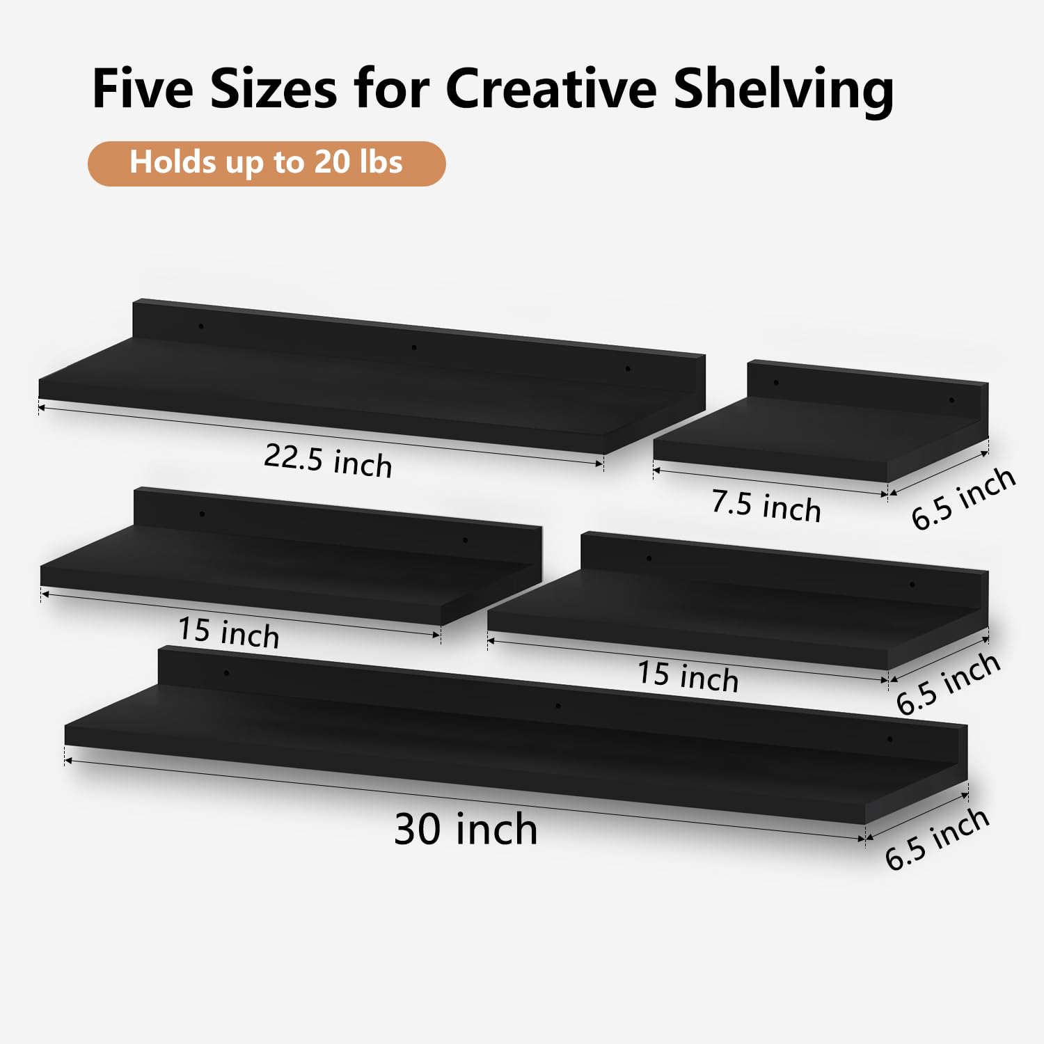 Yonscess floating shelves set of 5 in black 30-inch side view showing installation