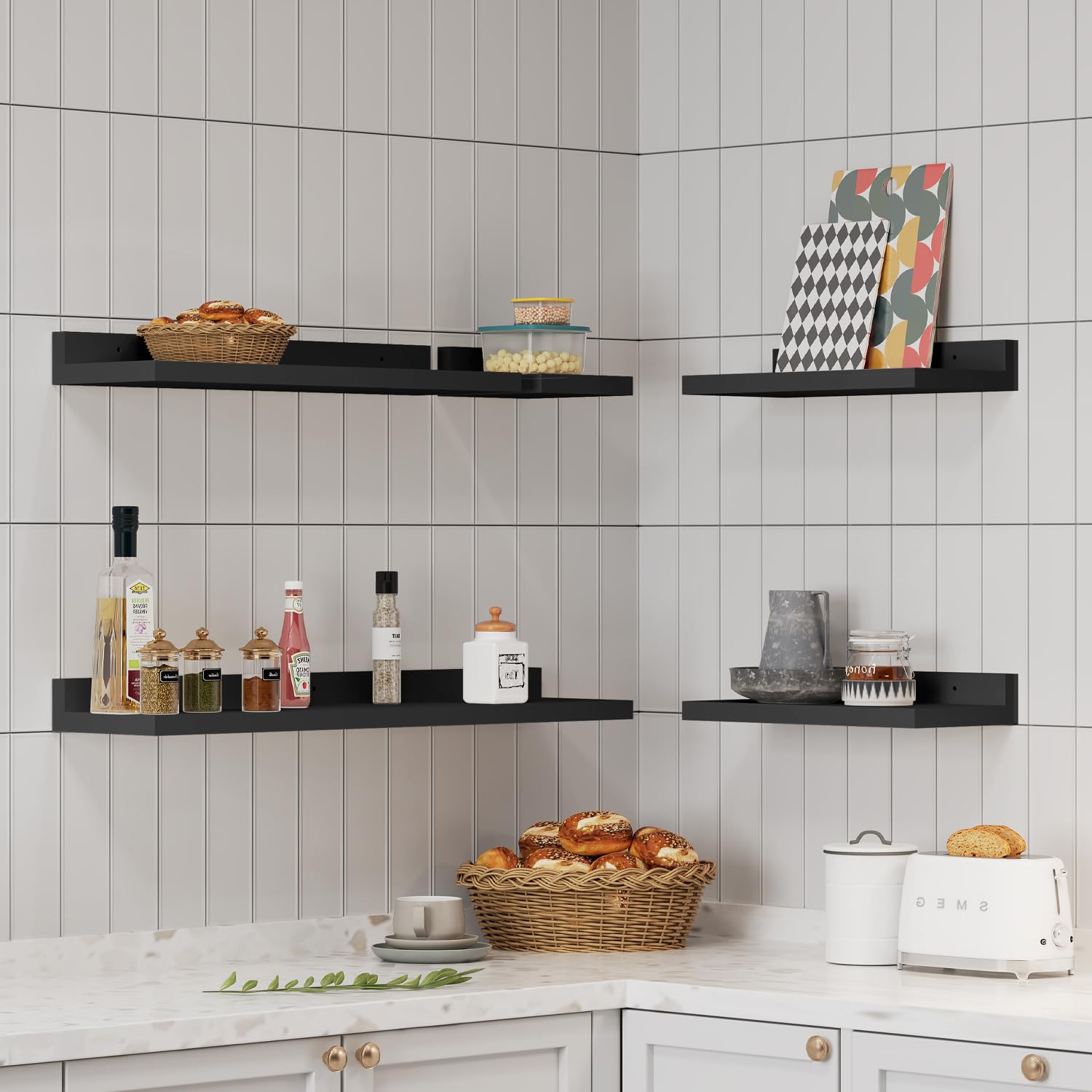 Yonscess living room setup with floating shelves for decor and books