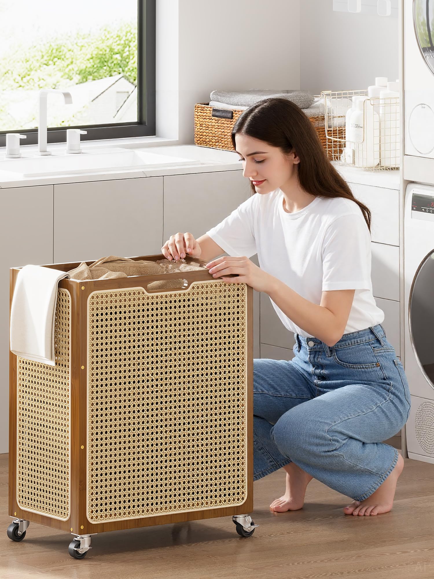 Yonscess laundry hamper on 360-degree wheels gliding smoothly