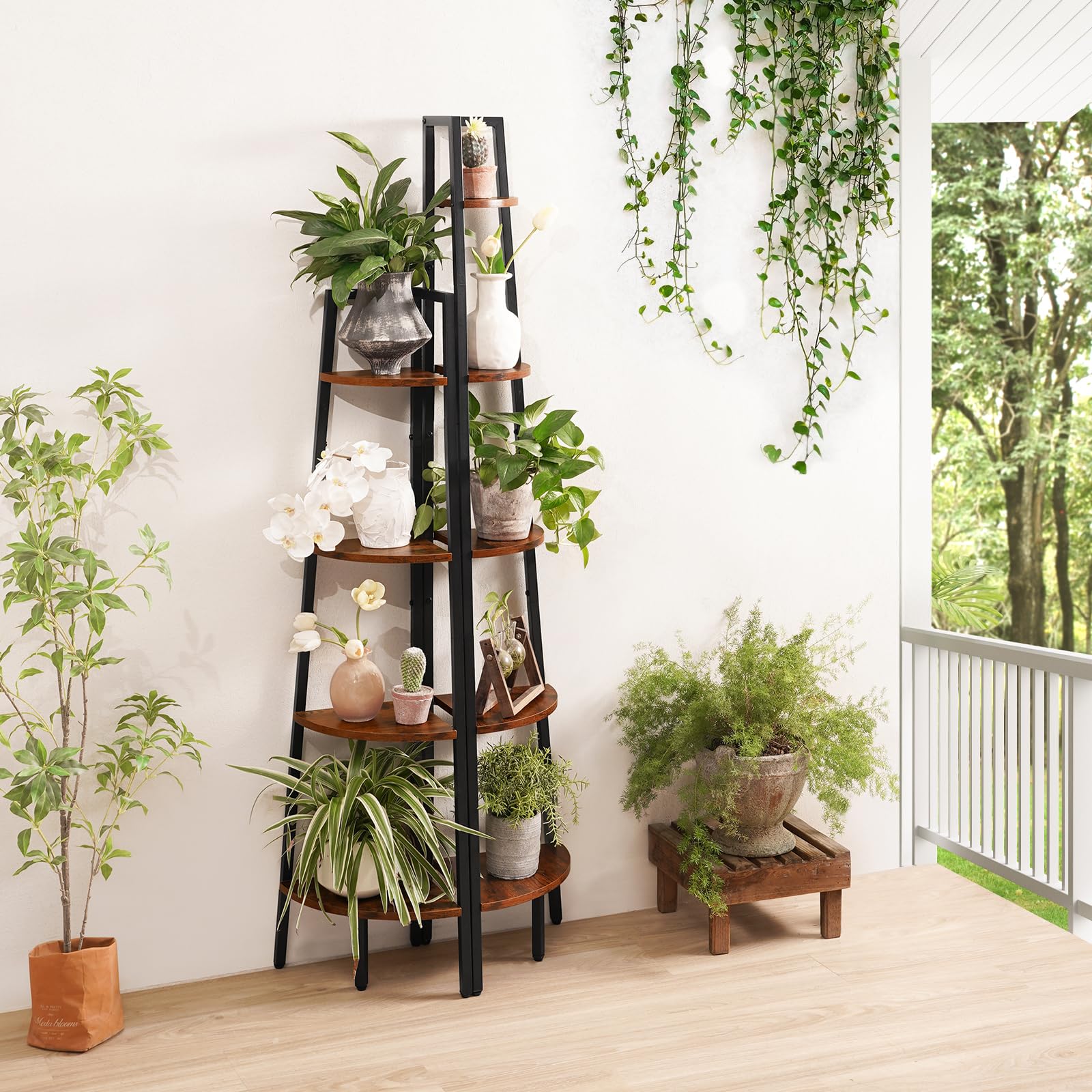 Yoobure 4-Tier Corner Shelf books lined across tiered levels