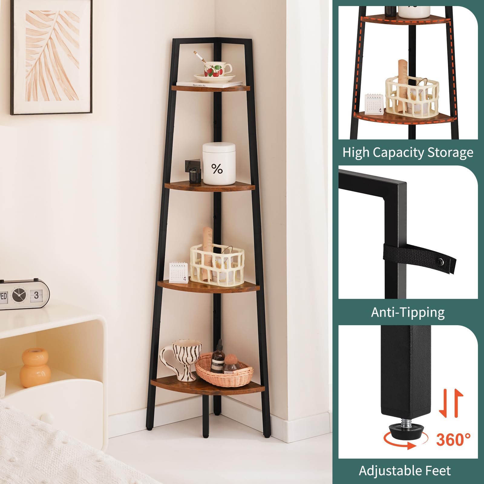 Yoobure 4-Tier Corner Shelf in living room for books and greenery