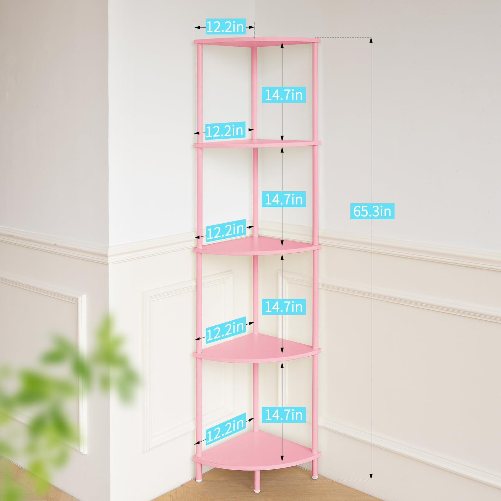 Yoobure 65inch tall pink display shelves shown from the side in a corner