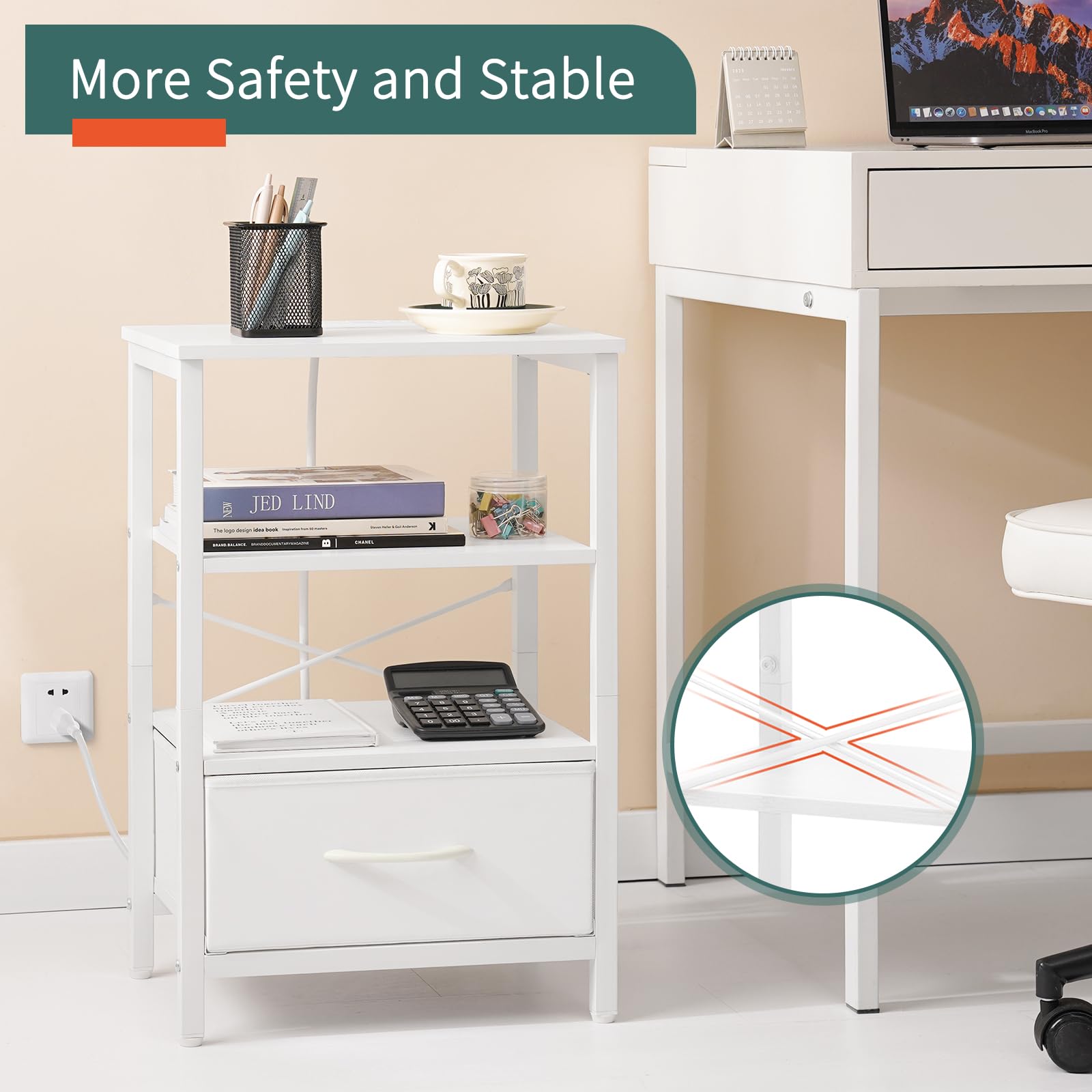 Yoobure nightstand offers adjustable foot pads to level on uneven floors.
