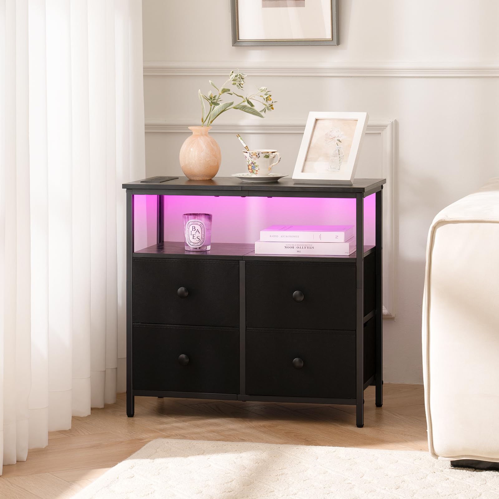 Yoobure bedside table open shelf holds phone and essentials within easy reach.