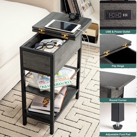 Yoobure charging station USB ports and outlets in use on the end table.