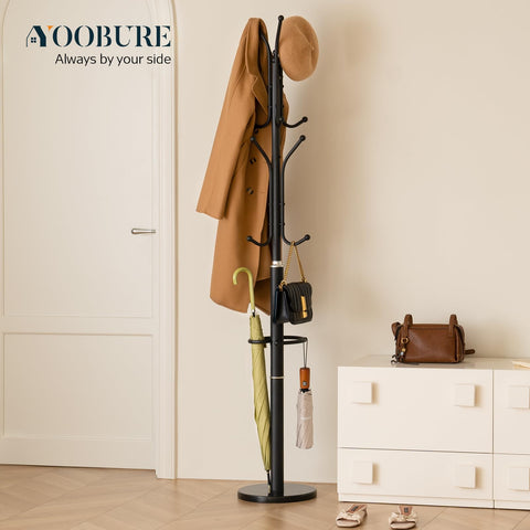 Yoobure coat rack with 12 hooks organizes coats and accessories.