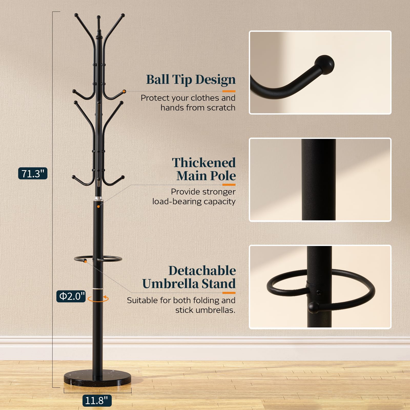 Yoobure heavy-duty steel frame supports heavy coats securely.