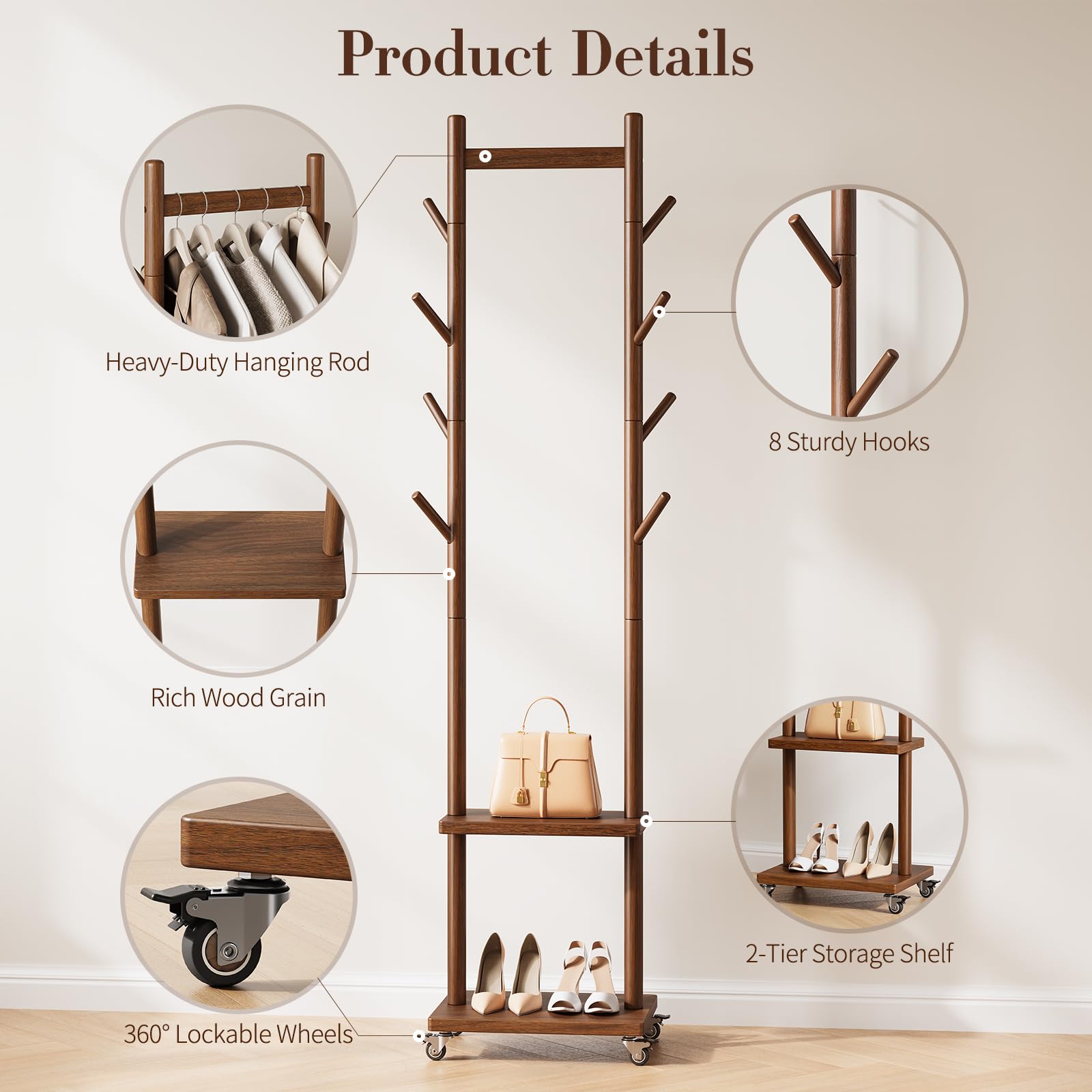 Yoobure rolling coat rack wheels glide quietly, with locking brakes for security.