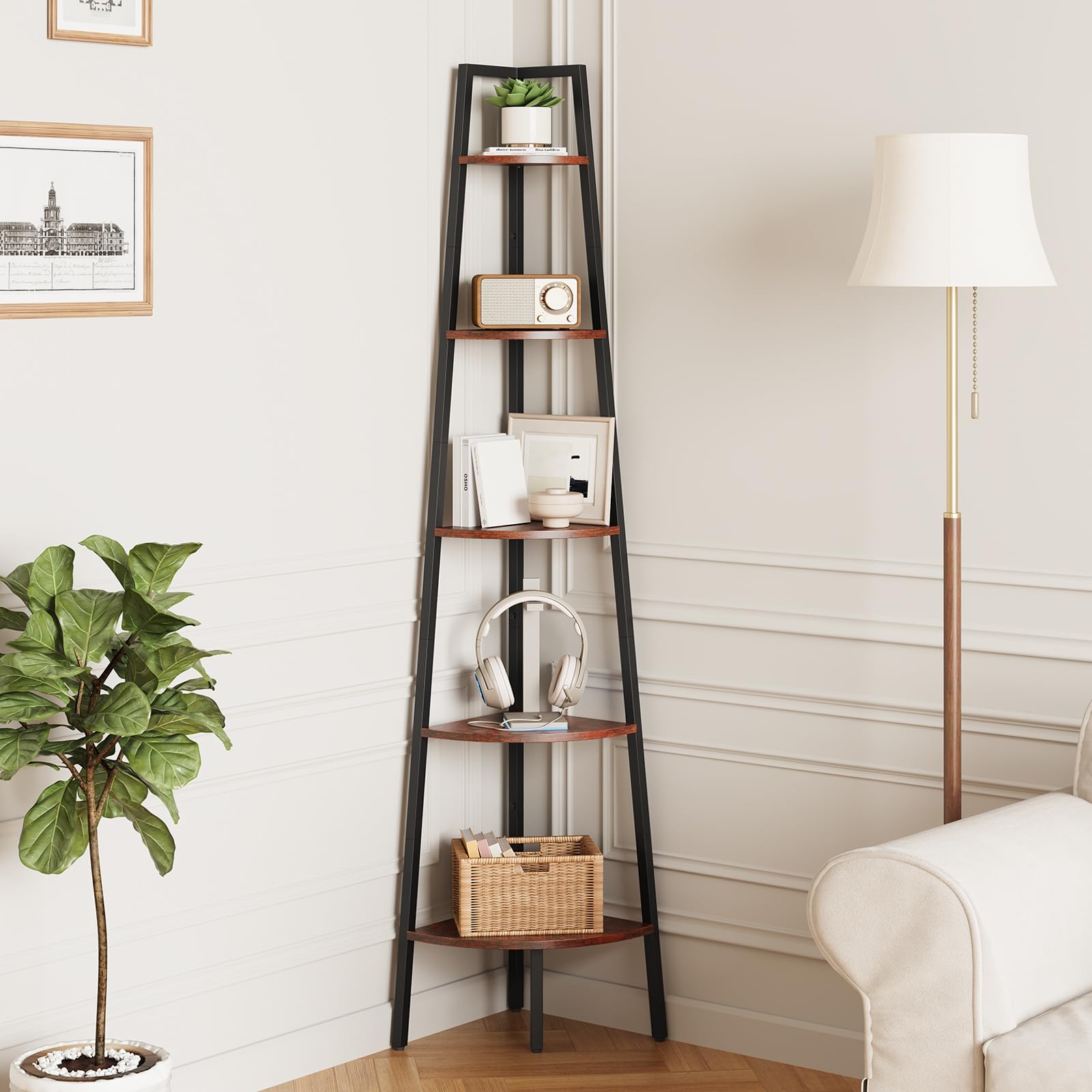 Yoobure corner shelf 5-tier metal frame and wood shelves ideal for display and organization in any room