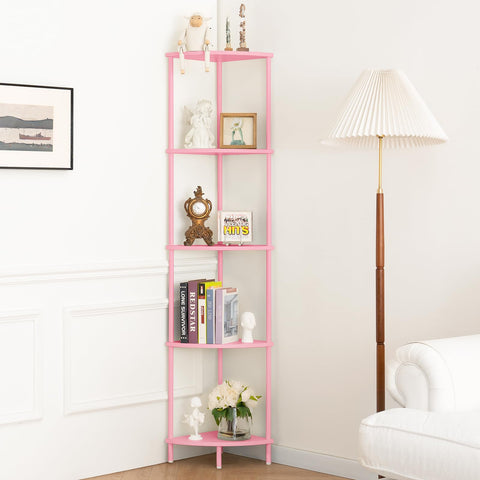 Yoobure corner shelf stand five-tier pink front view for books and decor