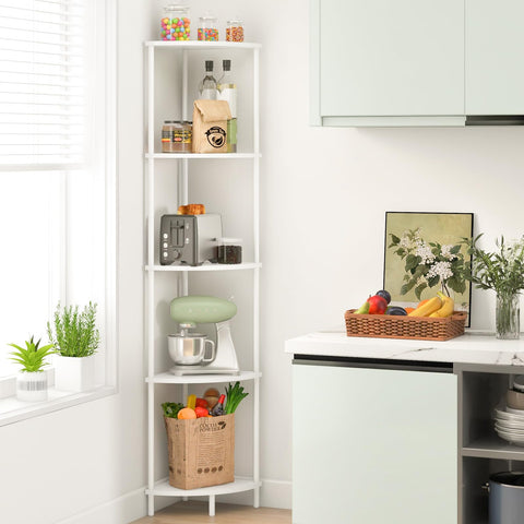 Yoobure Corner Shelf Stand 90-degree fit maximizes vertical storage in small spaces.