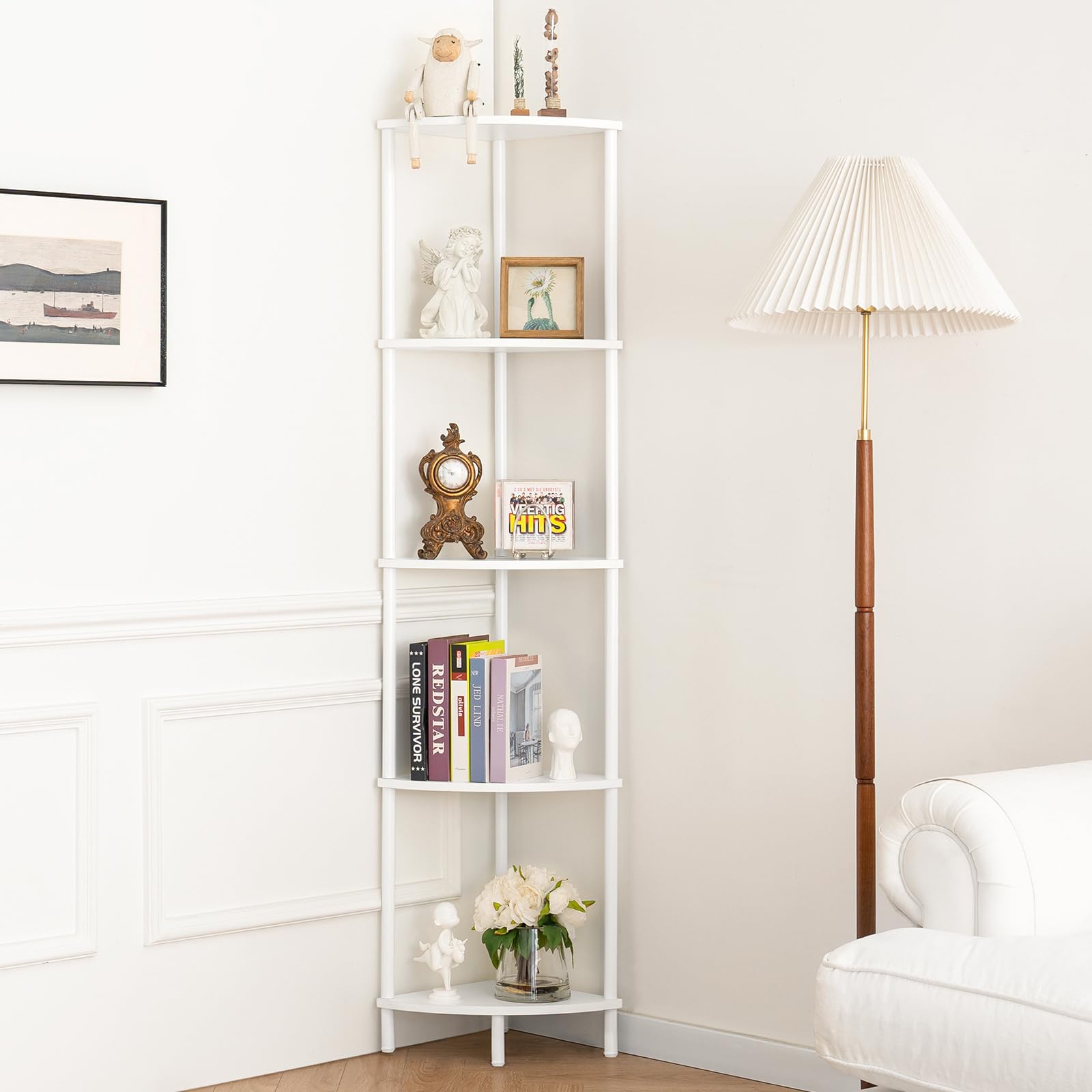 Yoobure Corner Shelf Stand assembly diagram shows tool-free setup and strong frame.
