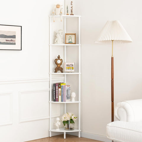 Yoobure Corner Shelf Stand assembly diagram shows tool-free setup and strong frame.