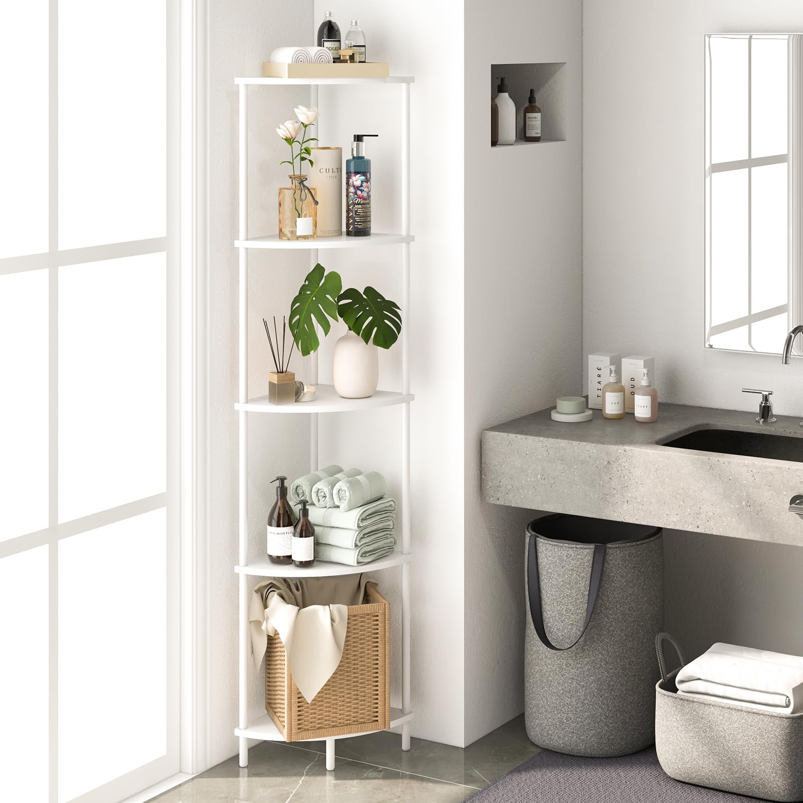 Yoobure Corner Shelf Stand curved shelves reduce bumps and scratches.