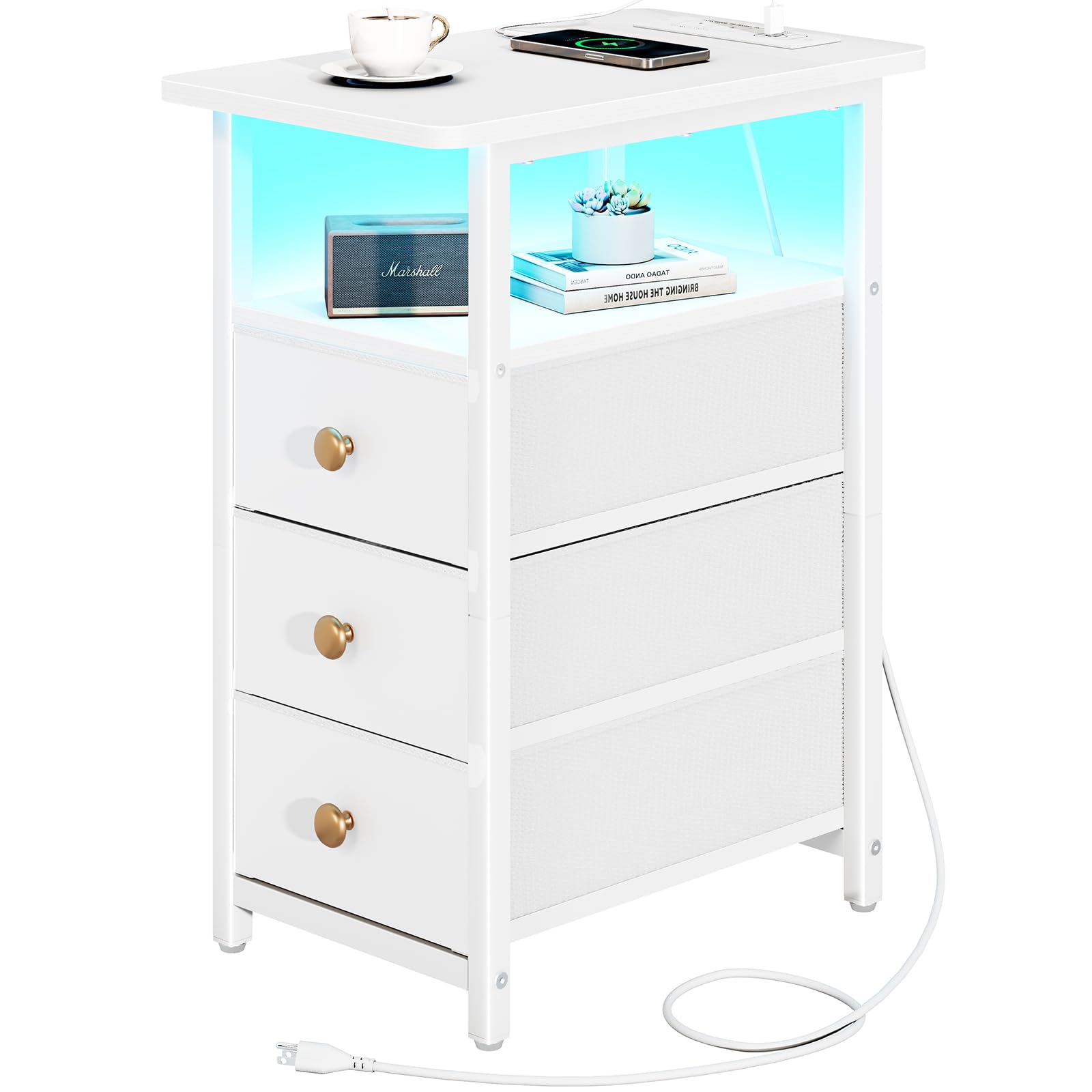 Yoobure end table with charging station and LED strip enabling easy device charging.