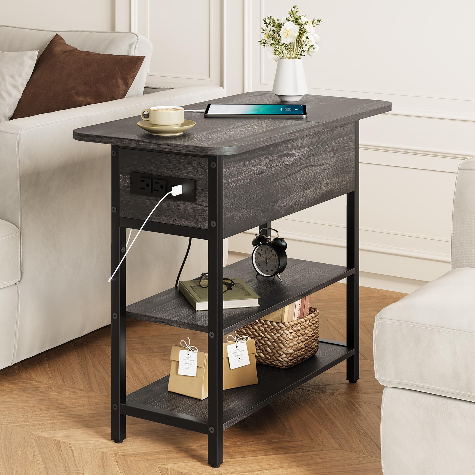 Yoobure end table flip top drawer open revealing hidden storage.