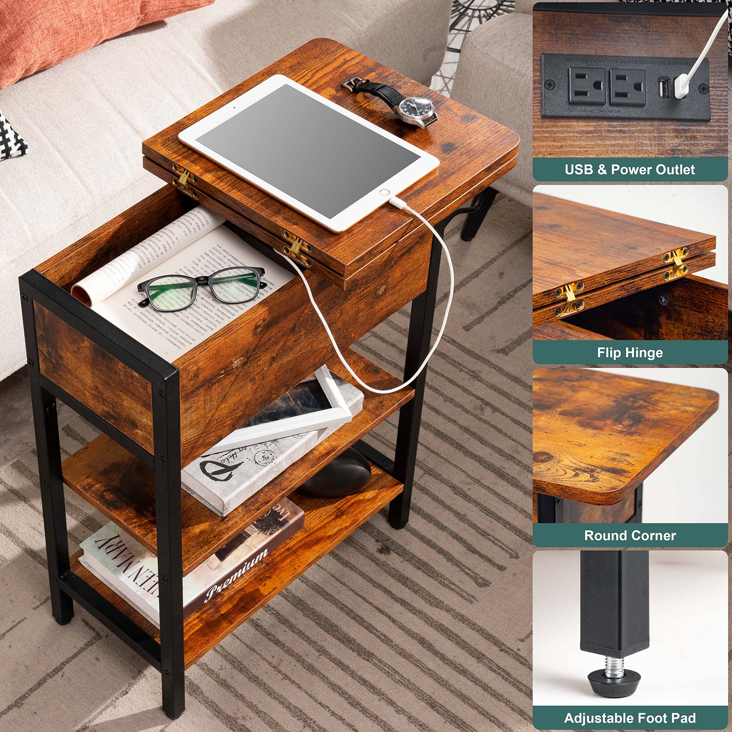 Yoobure end table two‑tier shelves organizing books, lamps and décor within reach.