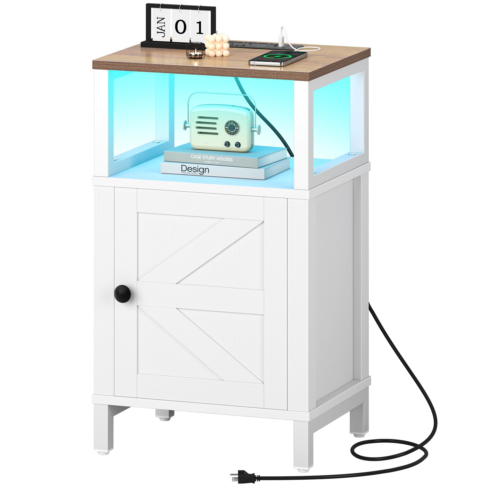 Yoobure farmhouse nightstand with charging station powers devices with outlets and USB ports.