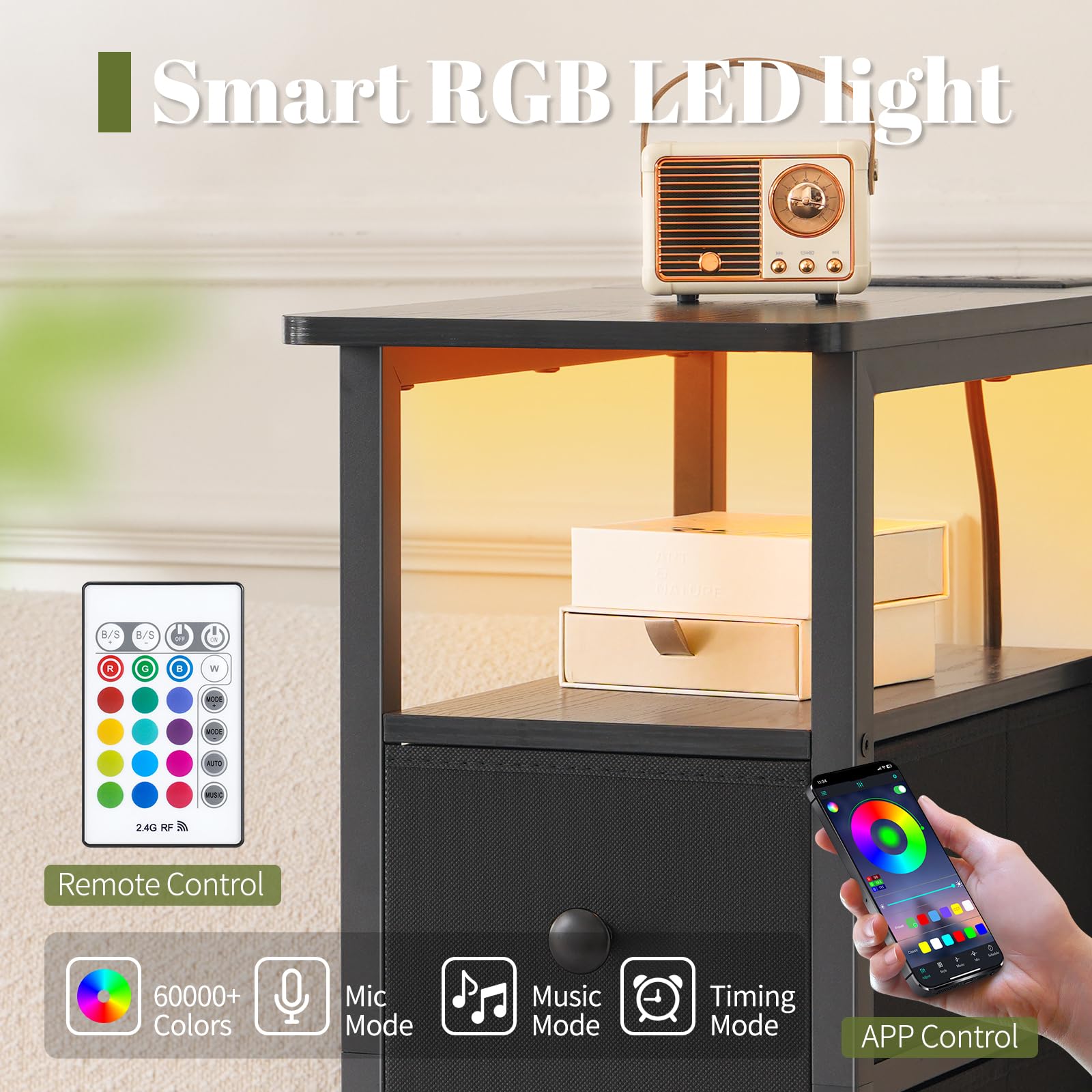 Yoobure nightstand with LED ambient lighting demonstrates slim, space-saving bedside design
