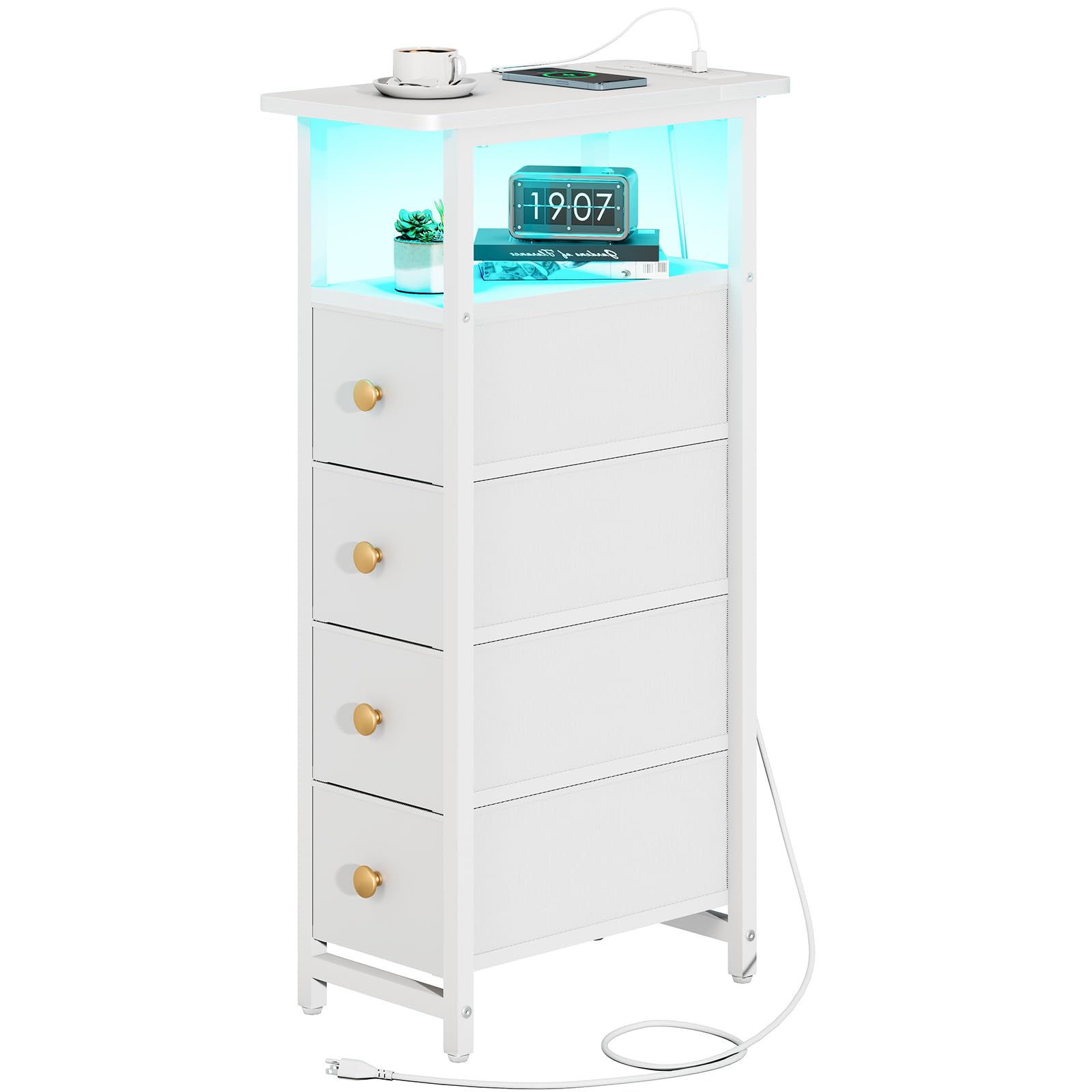 Yoobure LED narrow nightstand with charging station beside bed for easy charging.