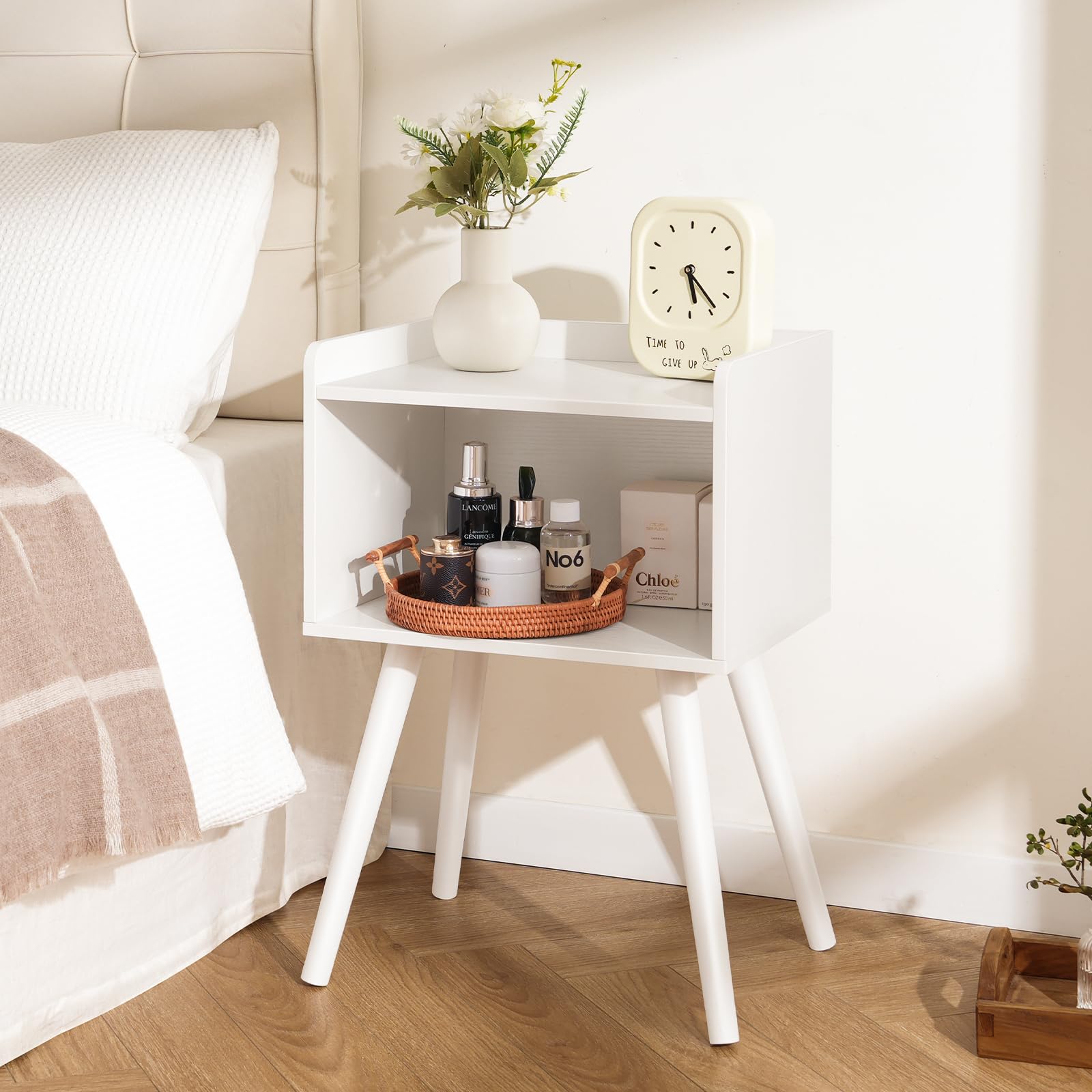 Yoobure mid-century nightstand open shelf offering quick access to essentials.