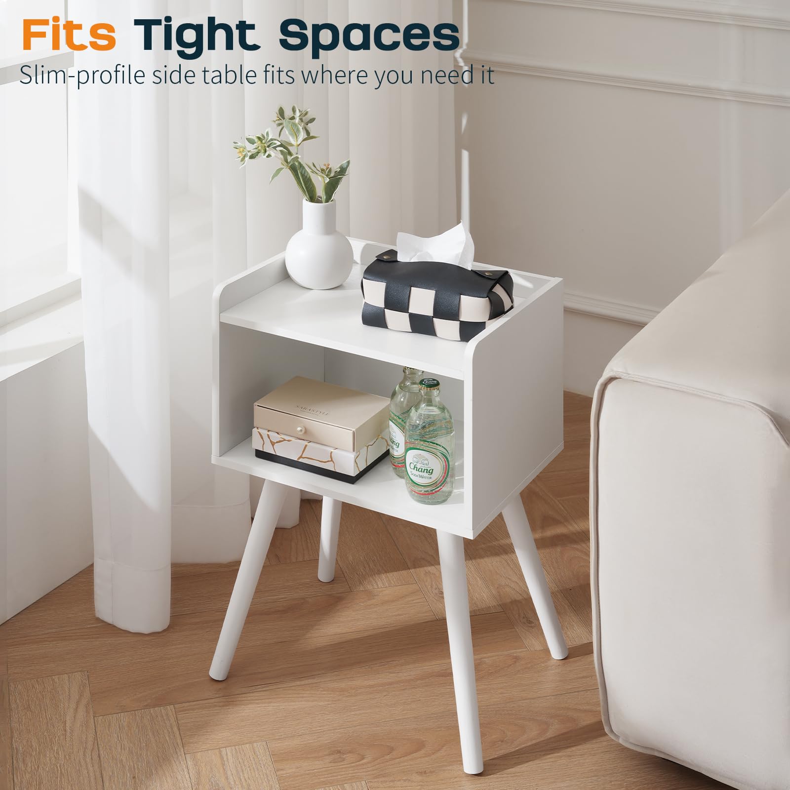 Yoobure mid-century nightstand fits small spaces and corners gracefully.