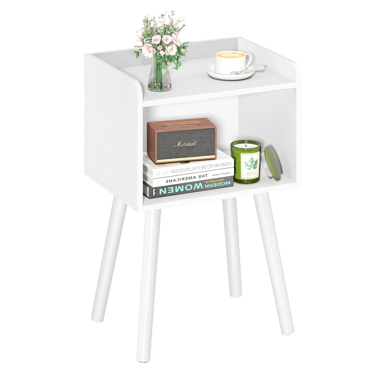 Yoobure mid-century nightstand top surface for clutter-free bedside display.