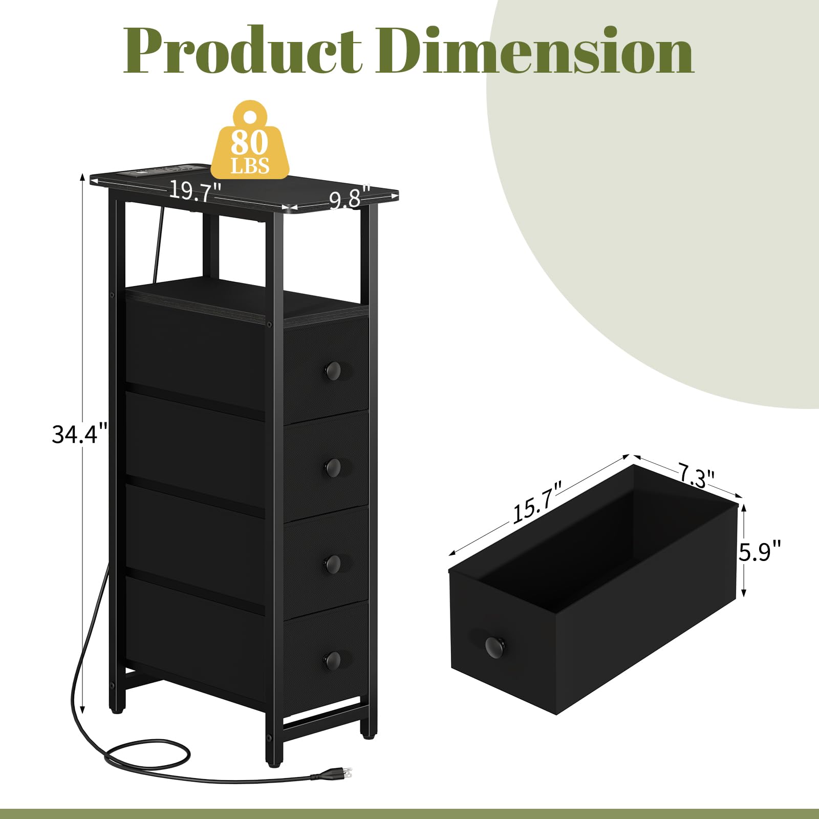 Yoobure nightstand with four fabric drawers keeps cords and accessories organized