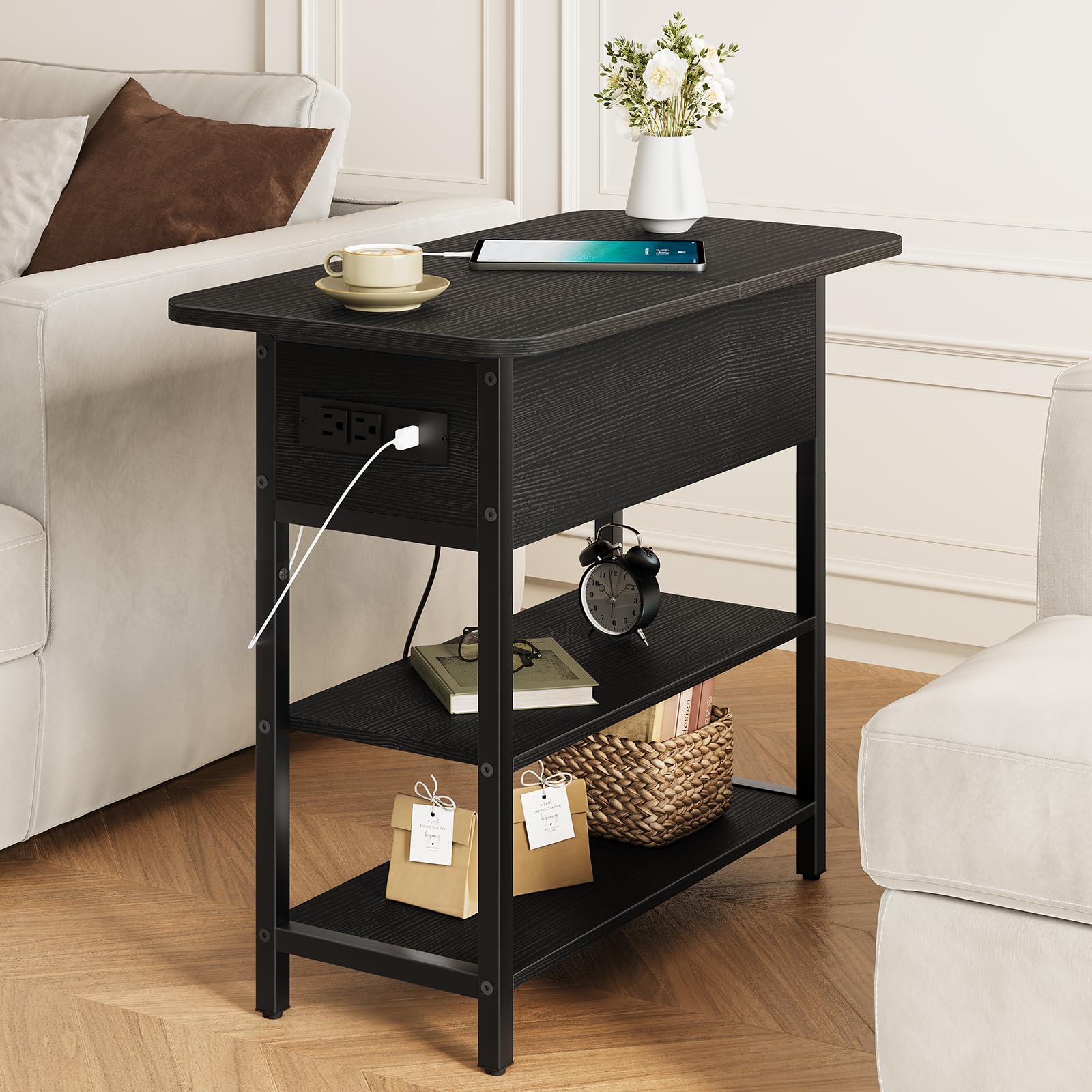Yoobure narrow side table with flip-top storage beside the couch.