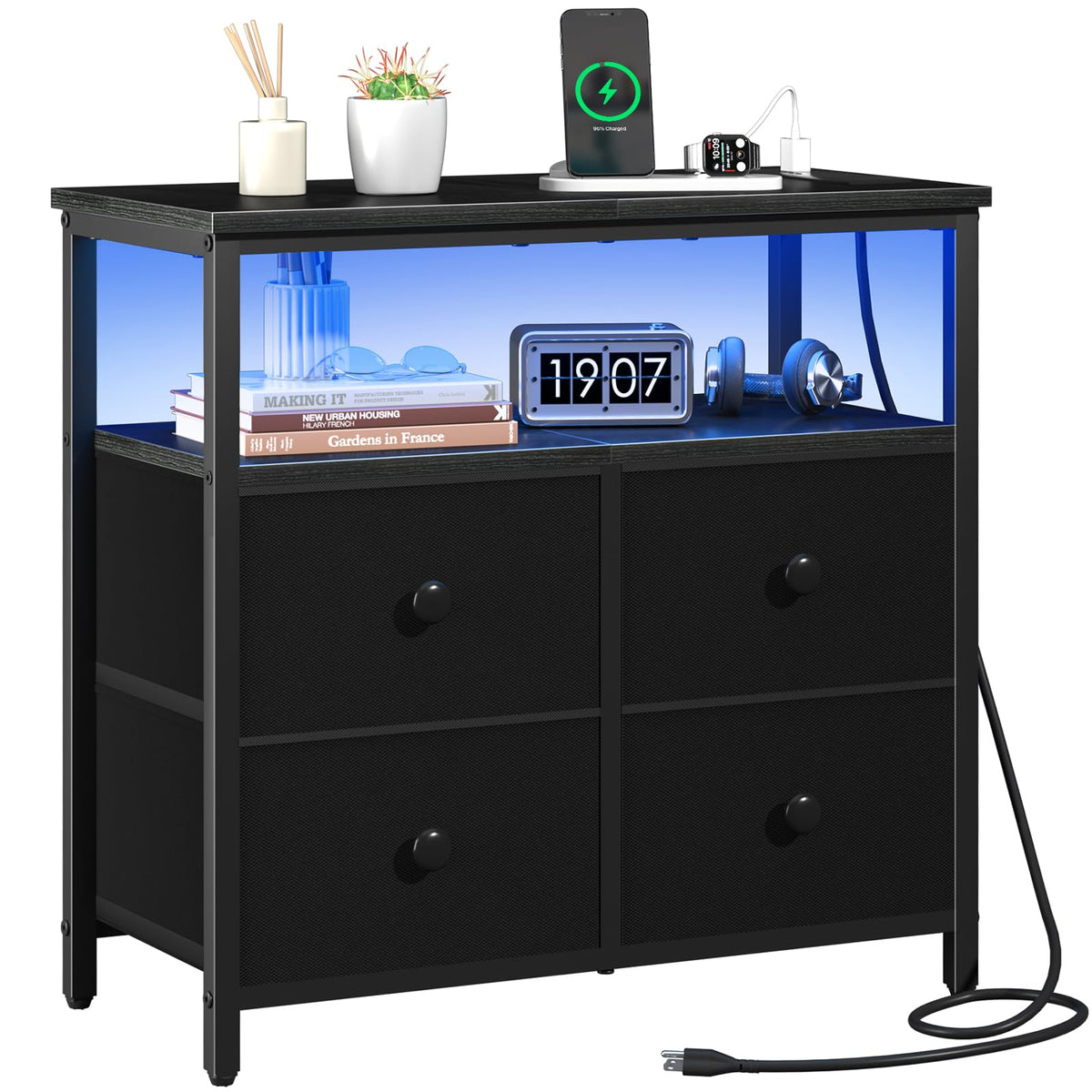 Yoobure night stand with charging station keeps devices powered at reach.