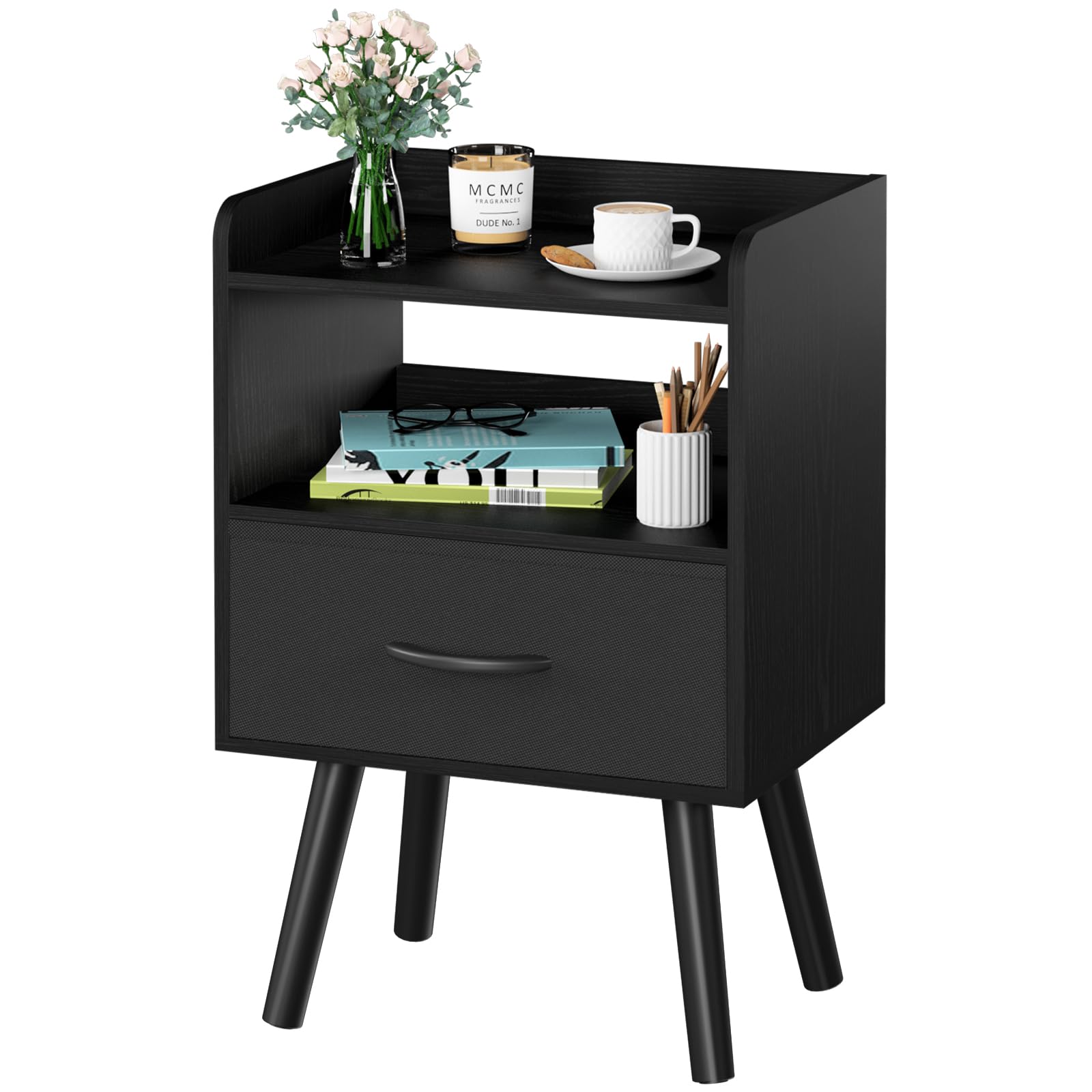 Yoobure night stand with fabric drawer and open shelf for tidy bedside storage