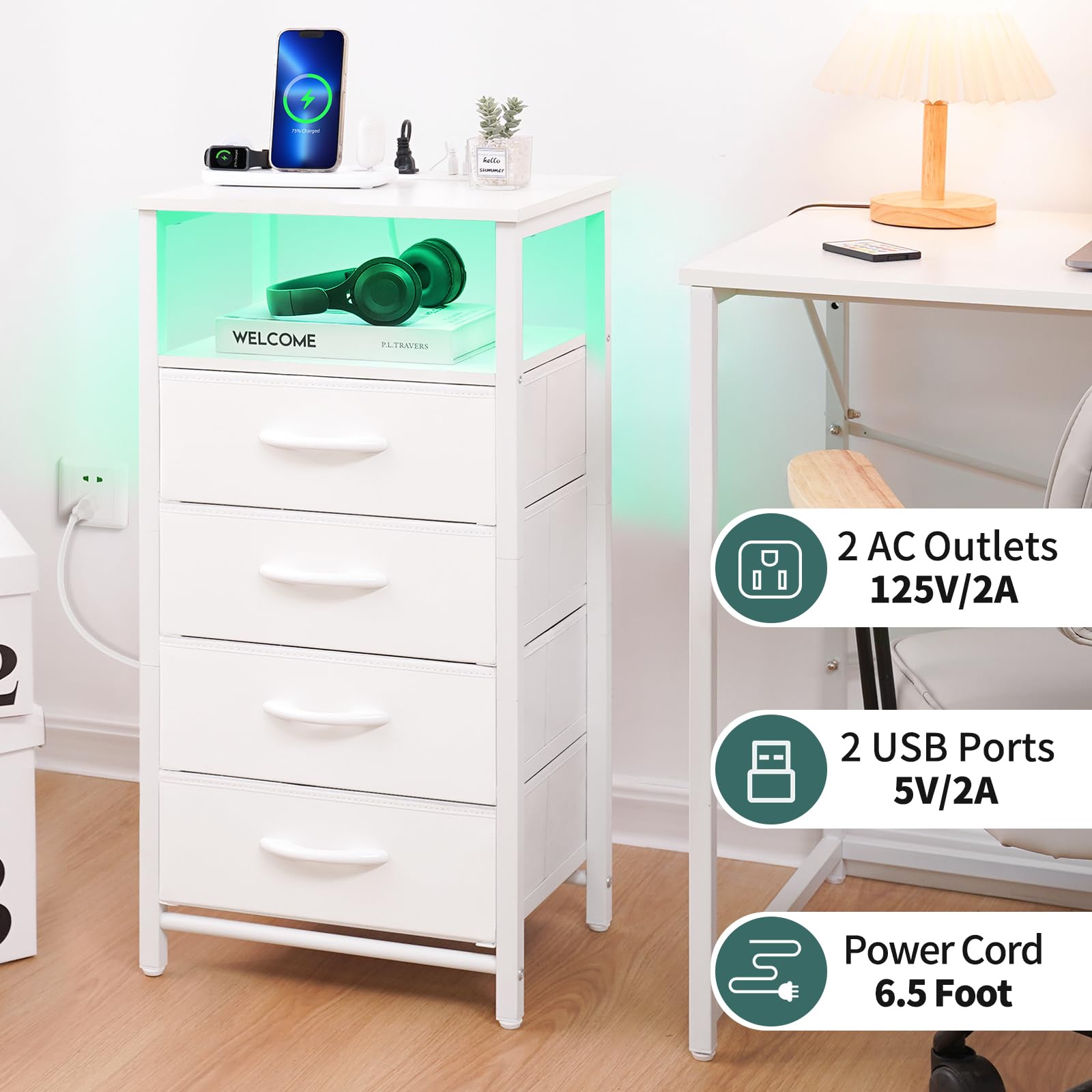Soft fabric drawers organize clothes and toys neatly in the Yoobure night stand.