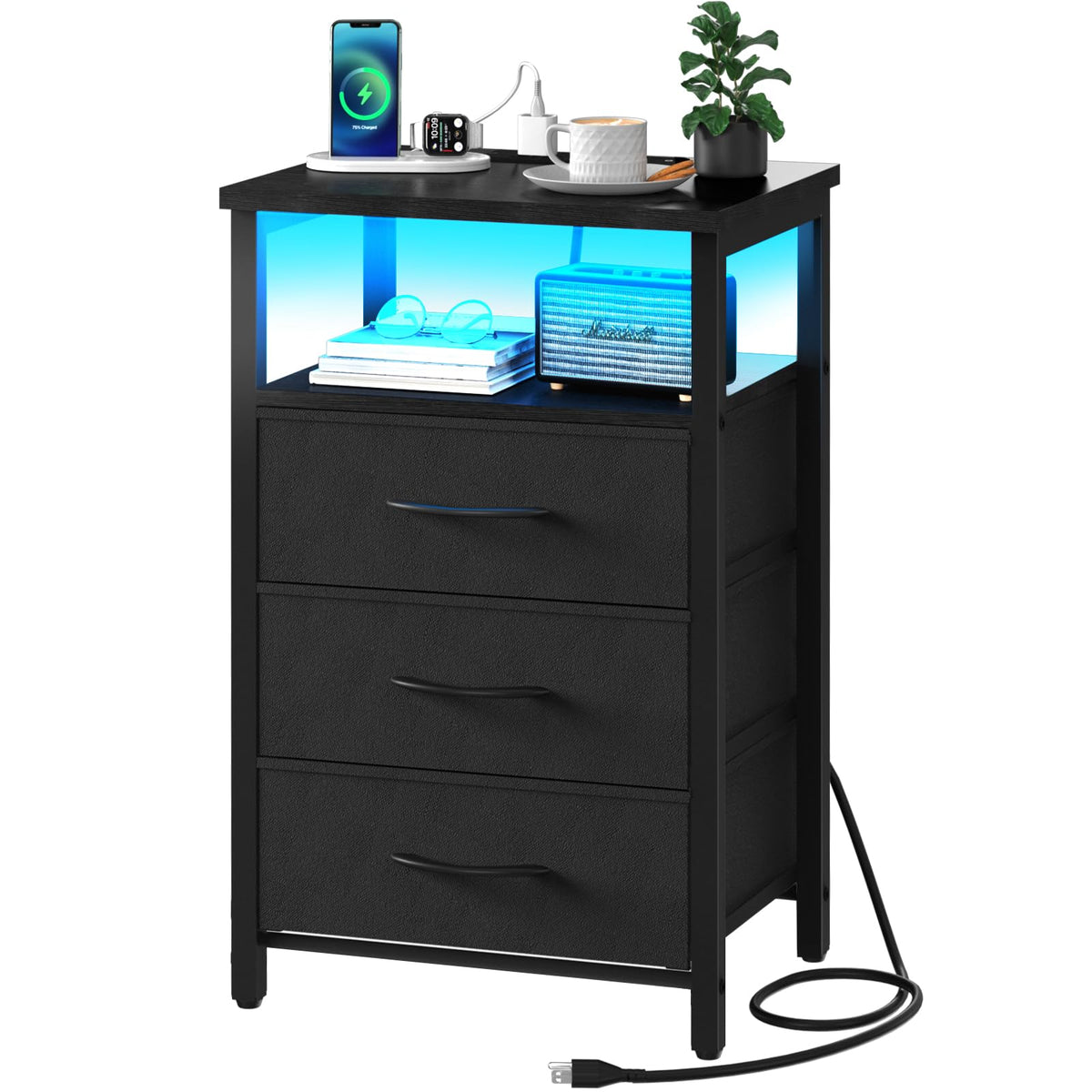 Yoobure night stand with LED light glowing softly beside bed for ambient mood