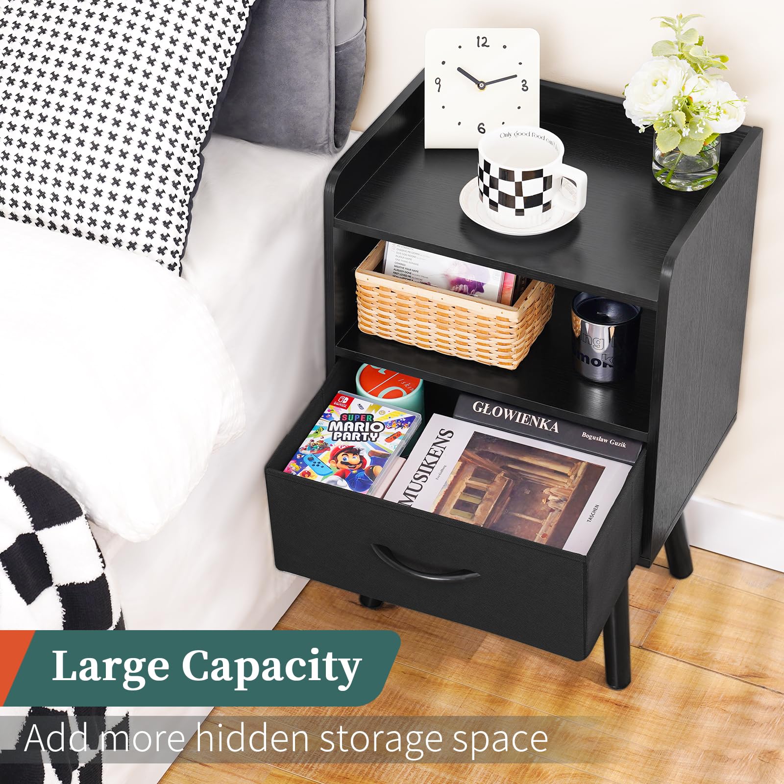 Yoobure night stand in a compact bedroom setup for versatile use