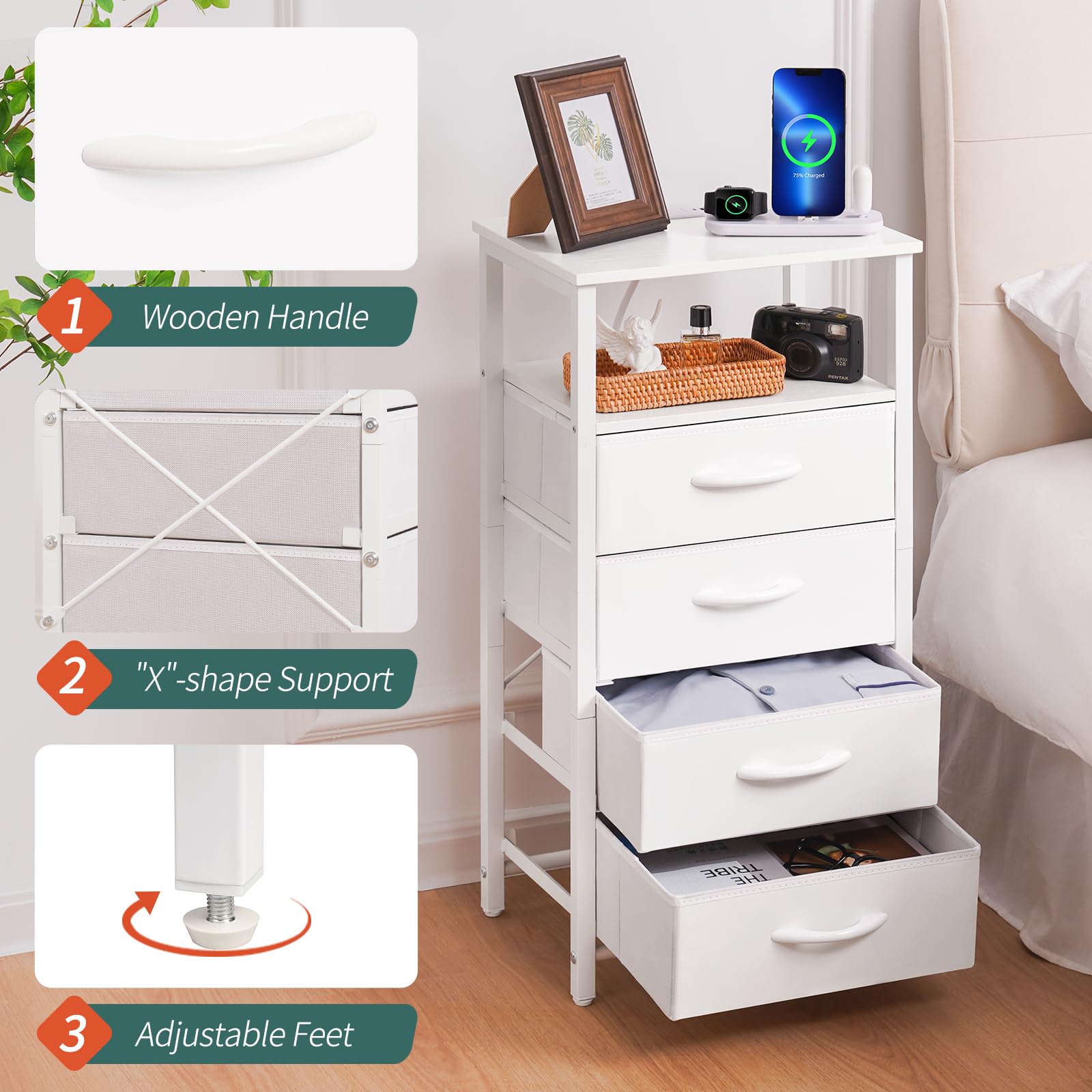Solid wooden handles help drawers slide smoothly on the Yoobure night stand.