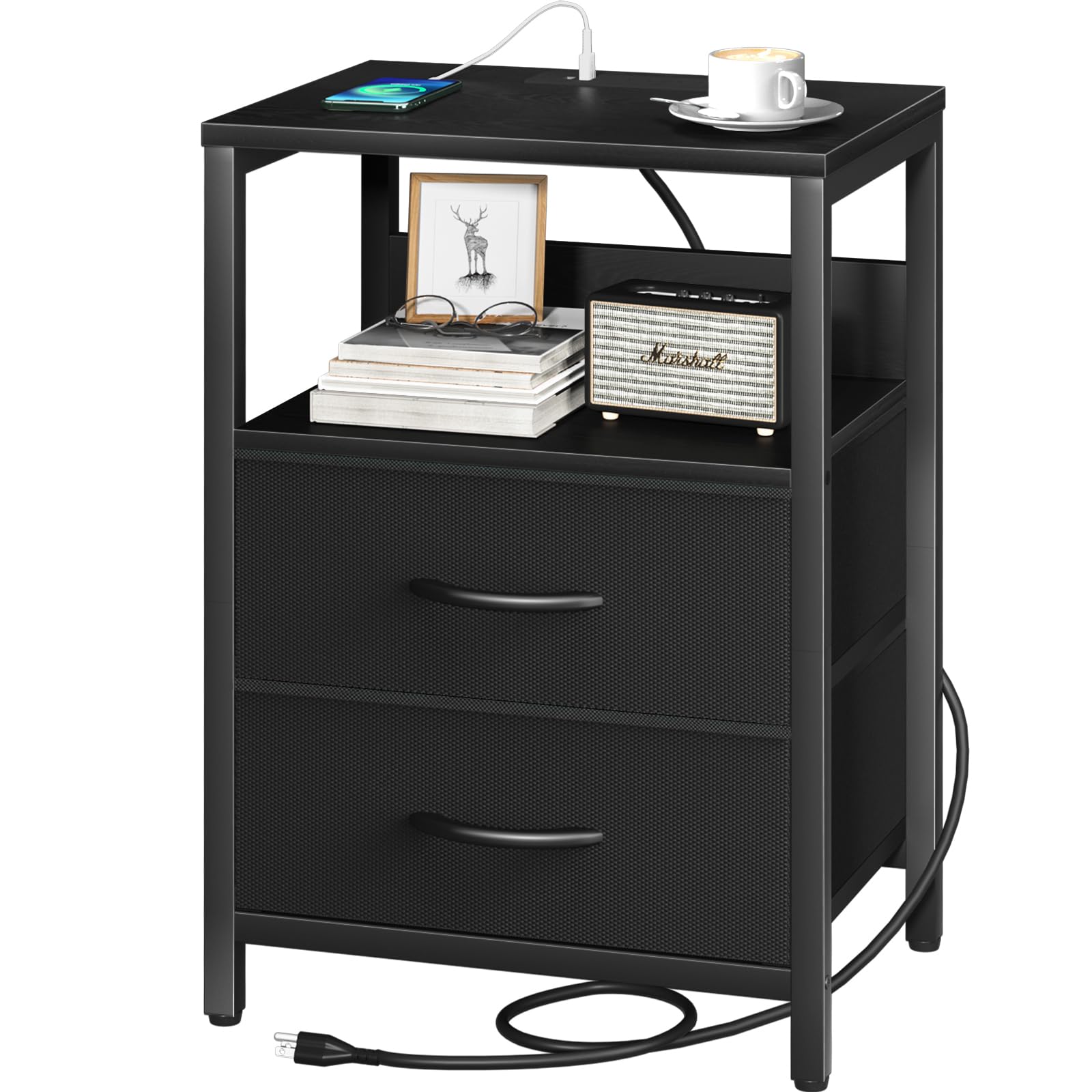 Yoobure nightstand with charging station front view enables convenient bedside device charging.