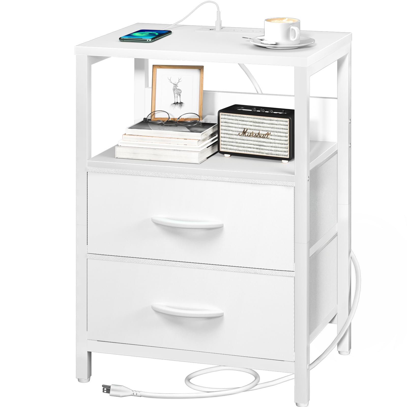 Yoobure nightstand with charging station front view showing USB ports and outlets for devices