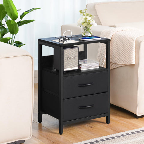 Yoobure nightstand drawer open shows large fabric storage for keys and remotes.