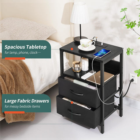 Fabric drawers and open shelf provide organized bedside storage