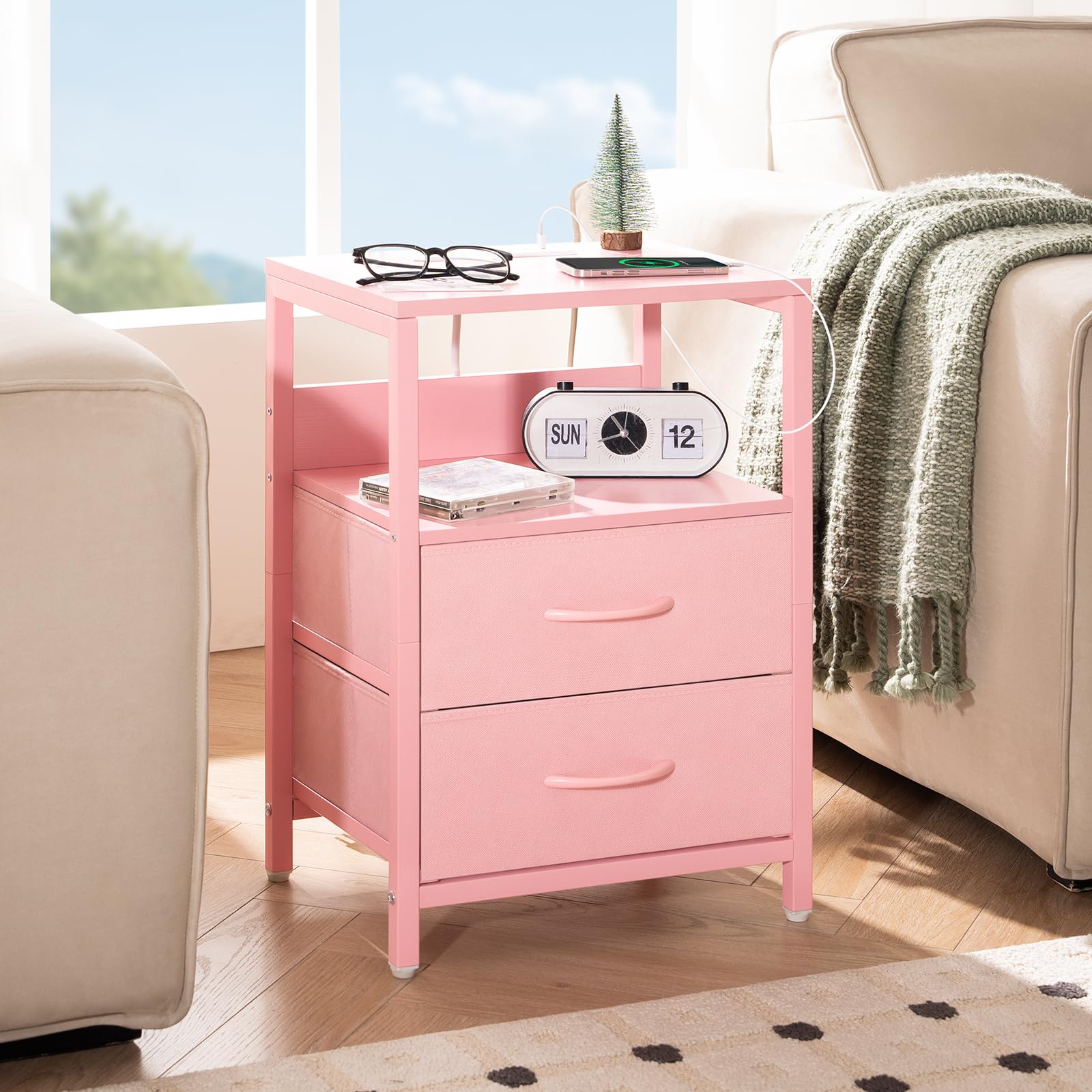 Yoobure nightstand fabric drawers organize remotes and keys quietly.