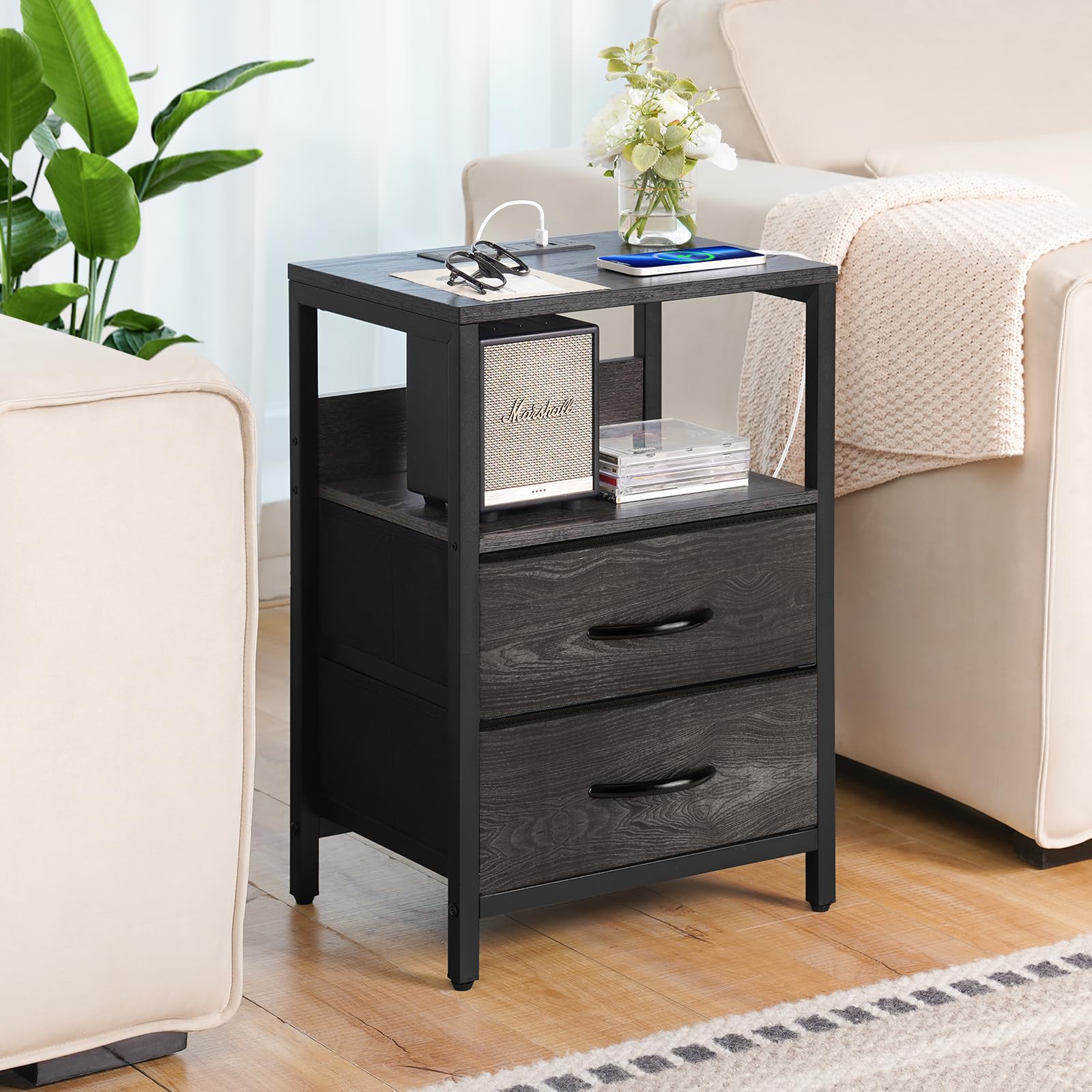 Yoobure fabric drawer nightstand keeping remotes and keys organized.