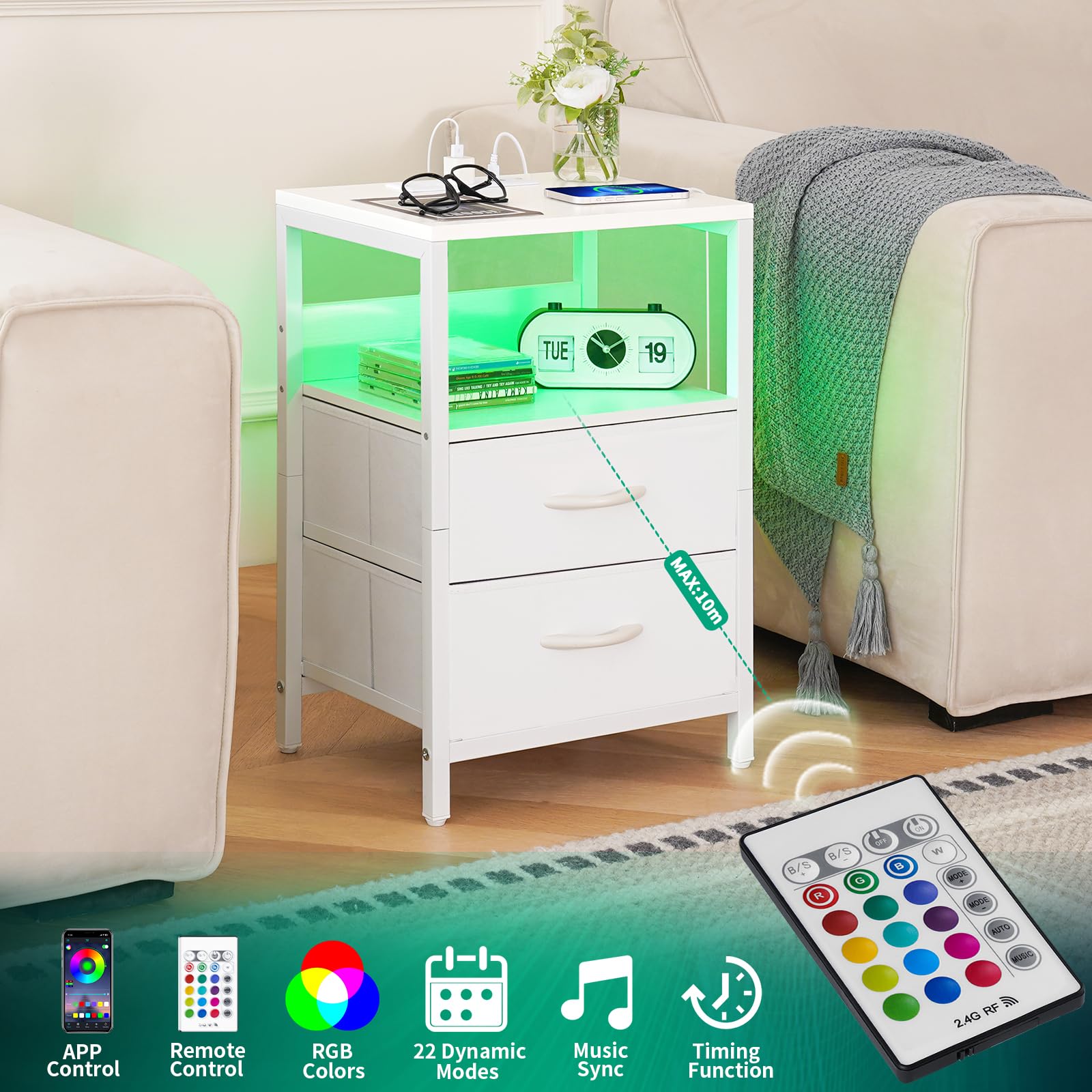 Yoobure nightstand fabric drawers conceal essentials while keeping surfaces tidy.
